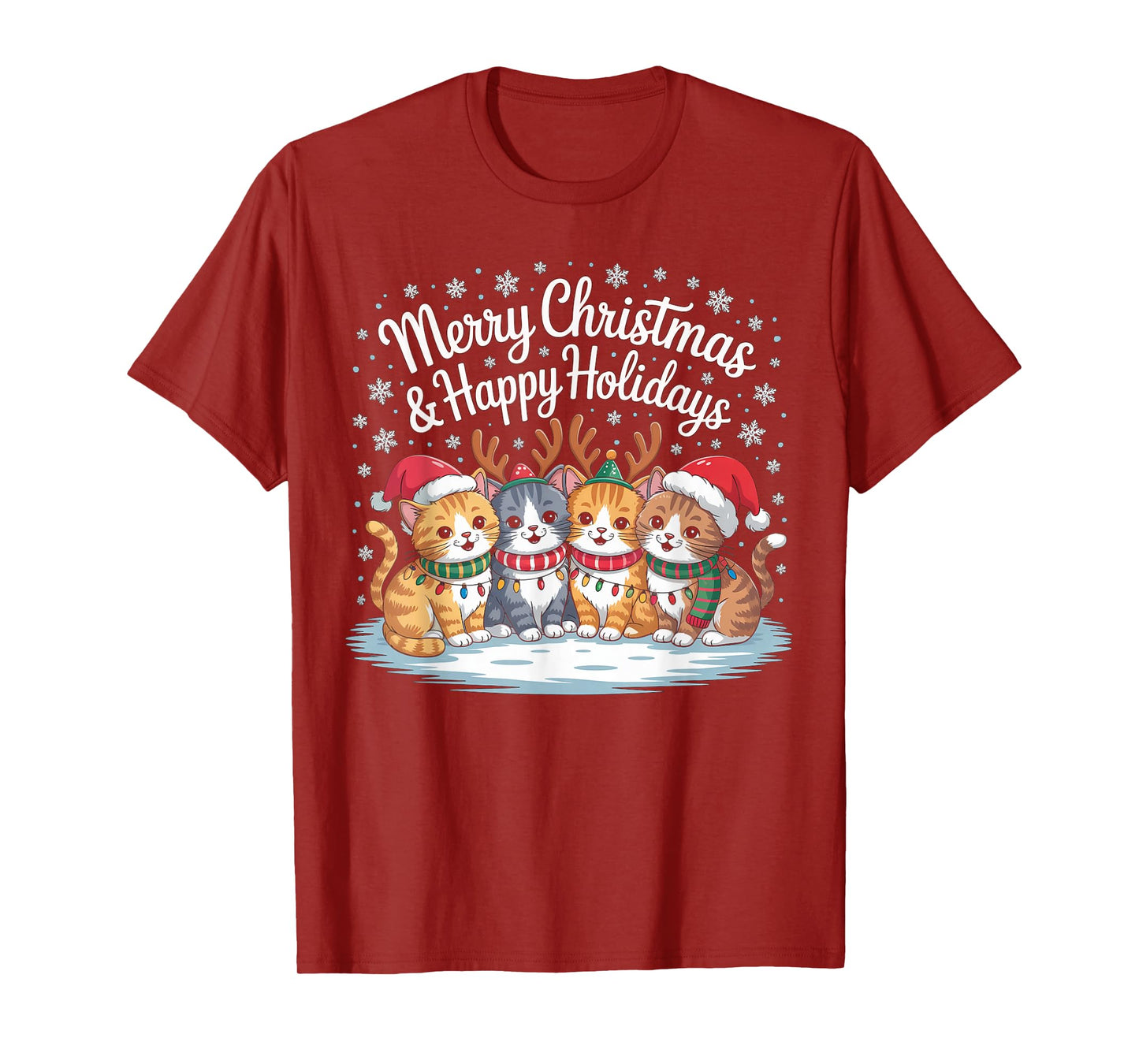 Funny Cat Christmas with Santa Hat and Reindeer Lights Cat T-Shirt