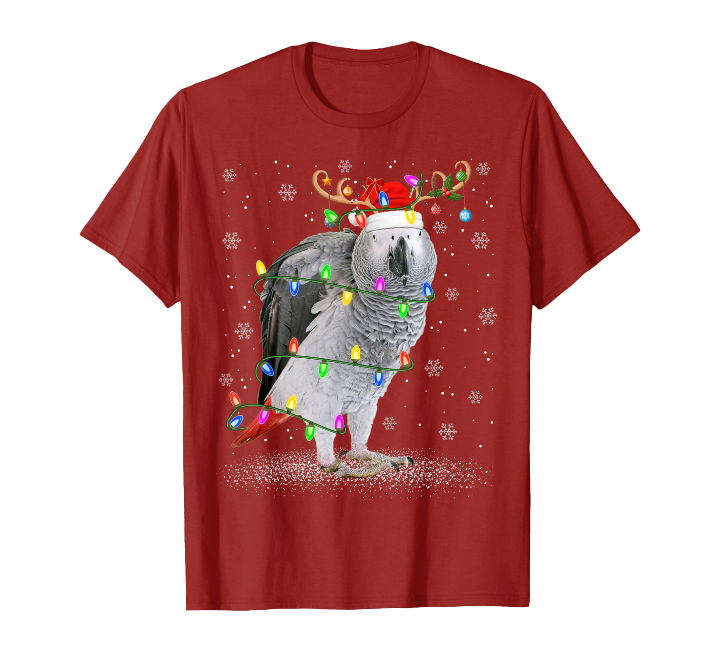 Grey Parrot Bird Christmas Lights Reindeer Santa Hat Xmas T-Shirt