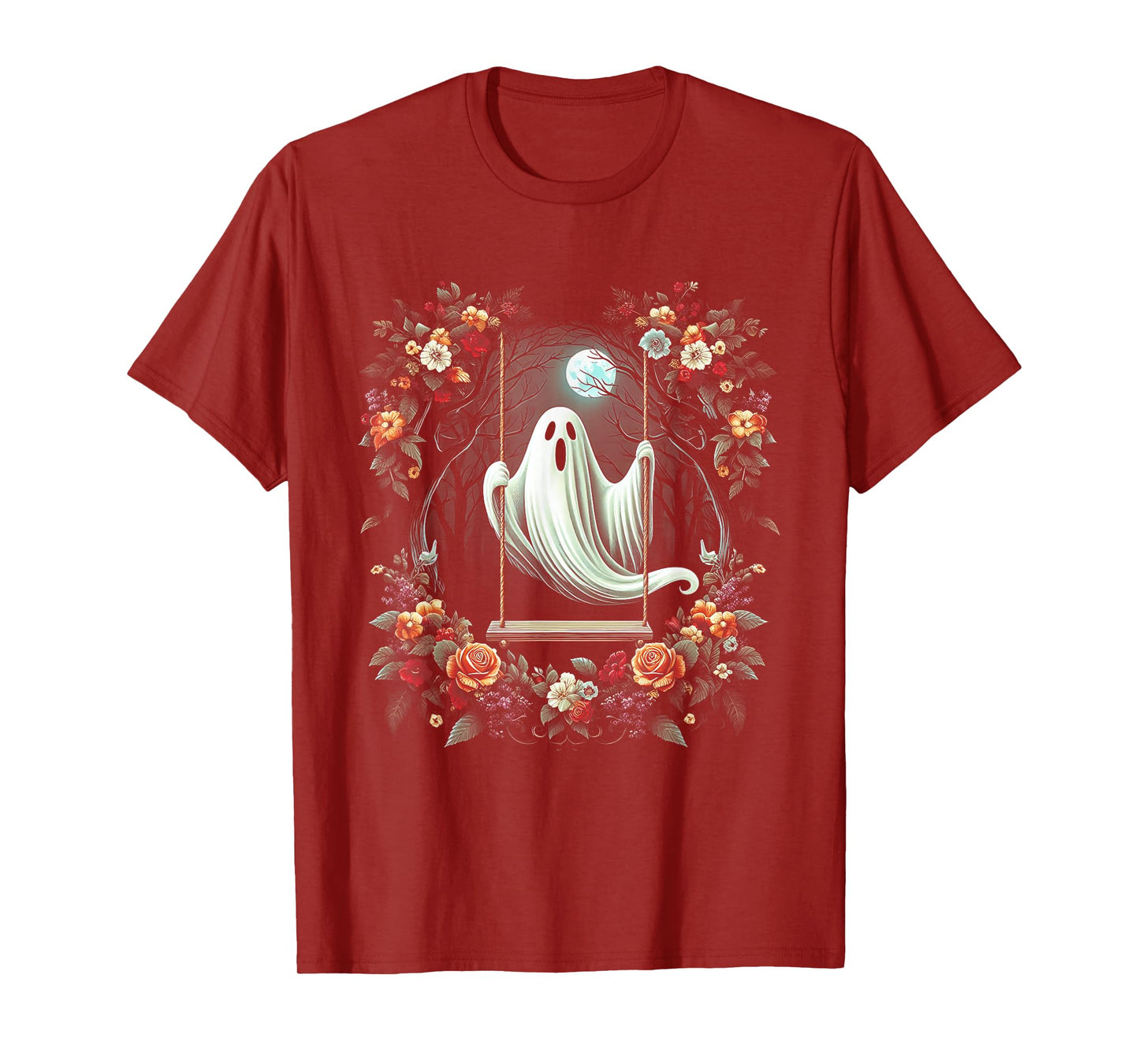 Vintage Floral Ghost On Swing In Forest Halloween Gothic T-Shirt