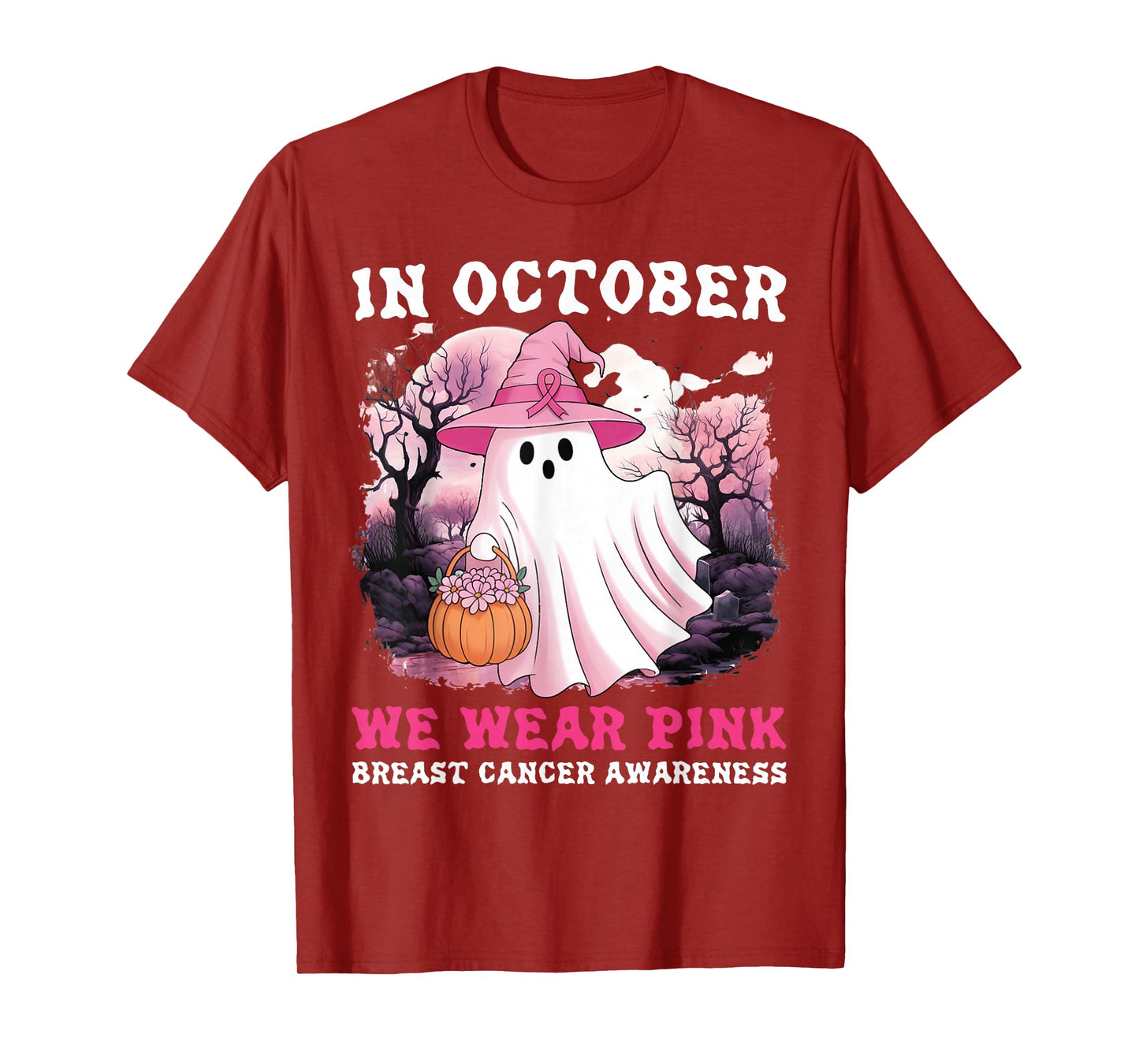 in October We Wear Pink Ghost Witch Breast Cancer Awareness T-Shirt