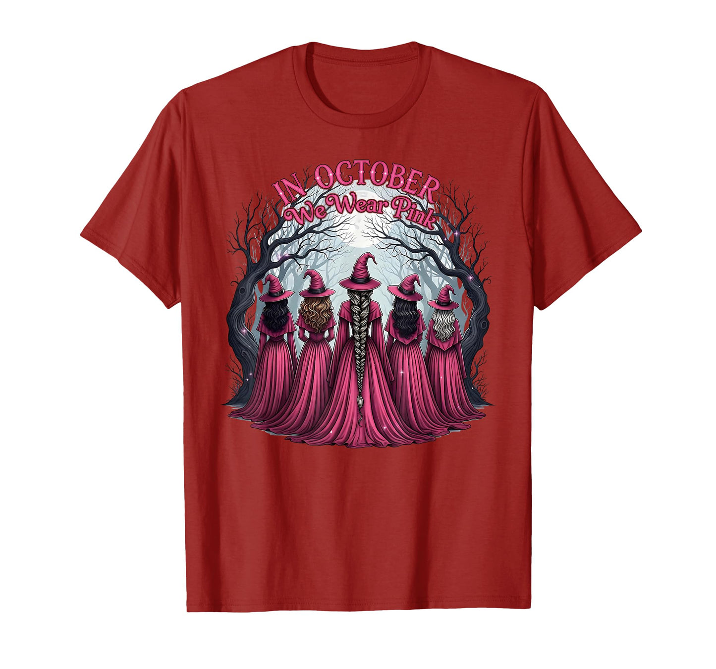 in October We Wear Pink Witch Halloween Breast Cancer Women T-Shirt
