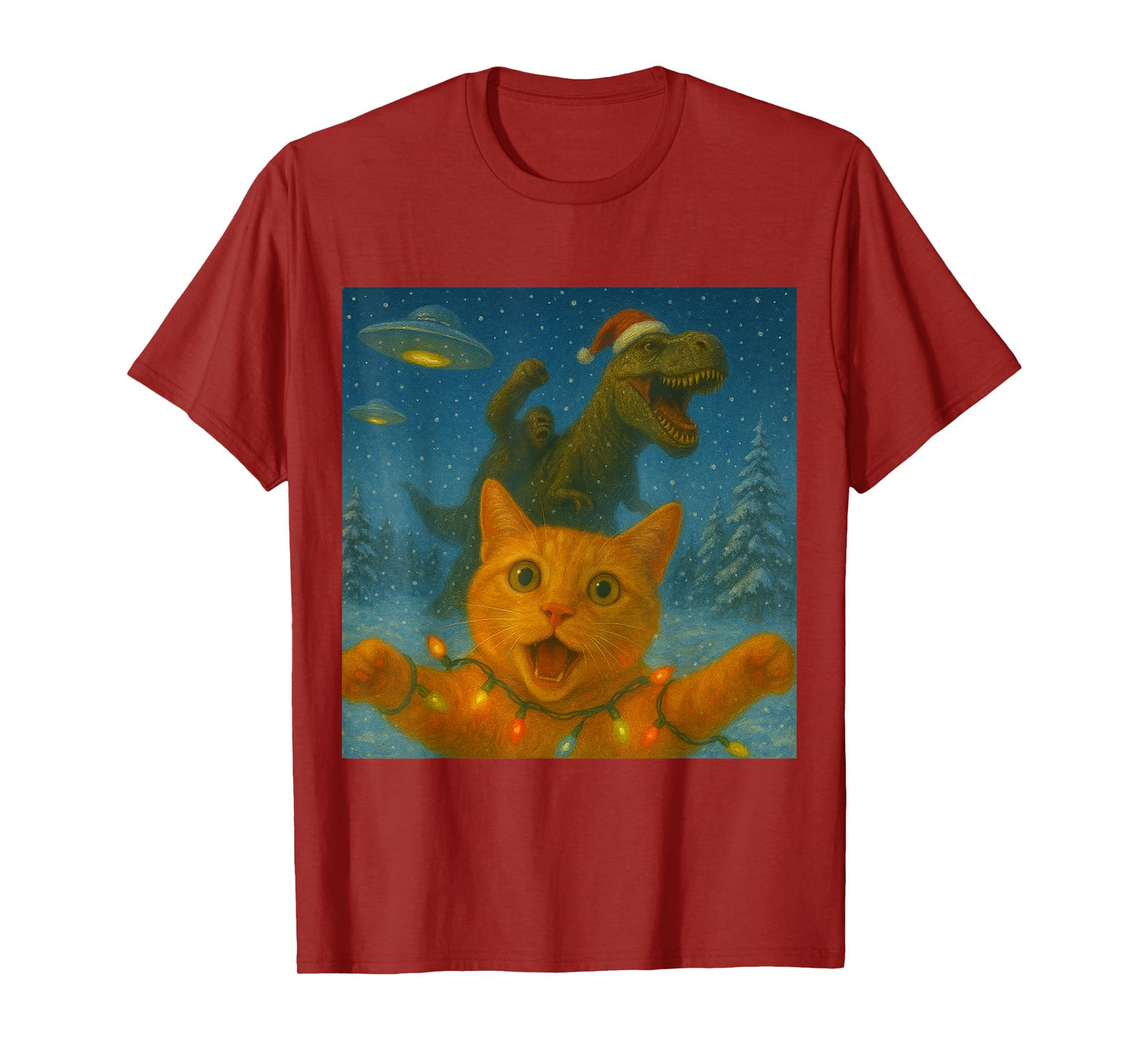 Funny Surprised Scared Cat Selfie T-Rex Dinosaur Bigfoot UFO T-Shirt