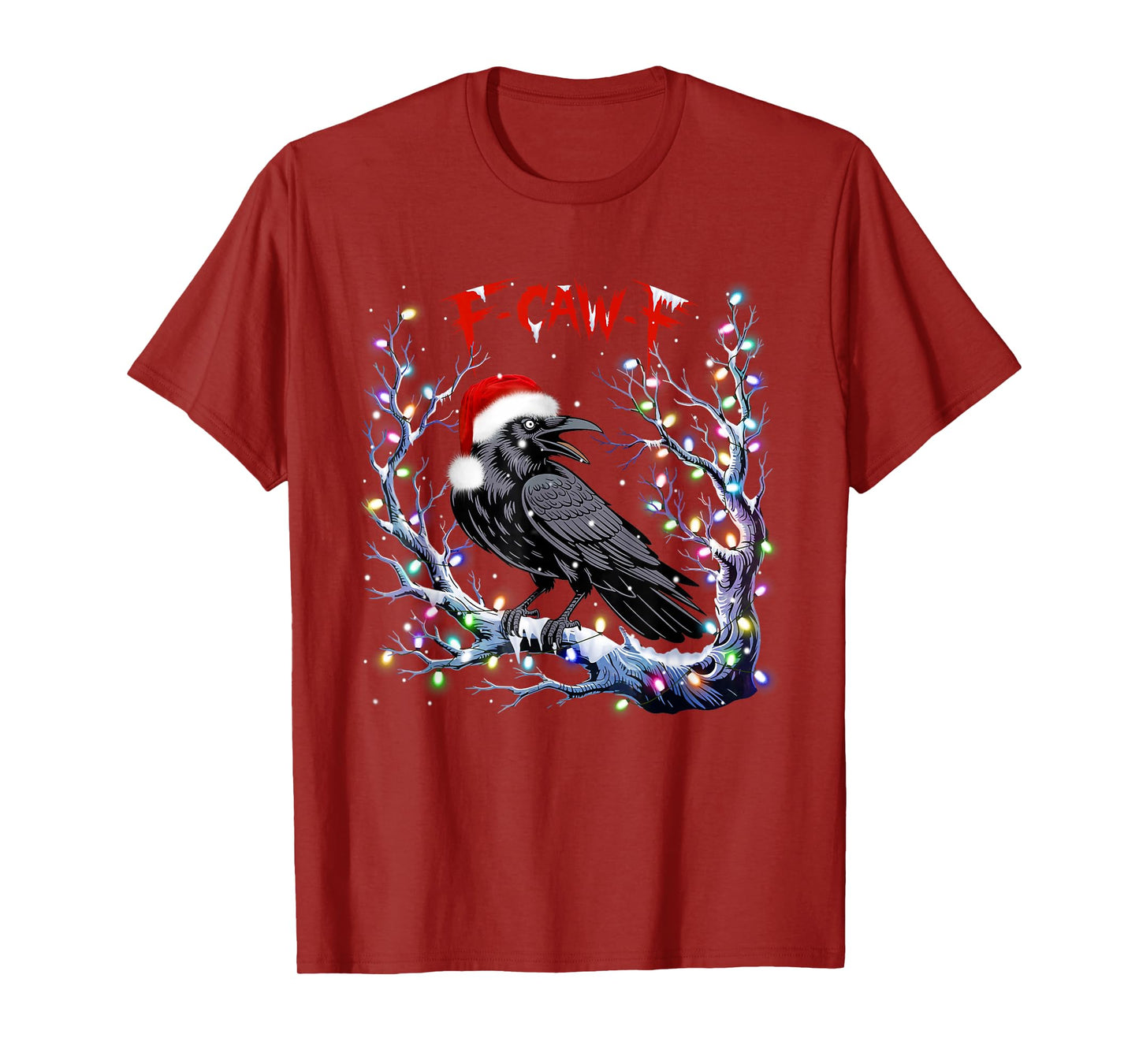 Funny Black Crow F-Caw-F Retro Santa Hat Christmas Lights T-Shirt