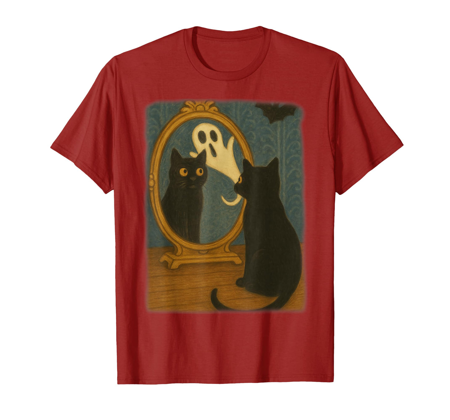 Vintage Halloween Black Cat Ghost in Mirror Cat Lovers Kids T-Shirt