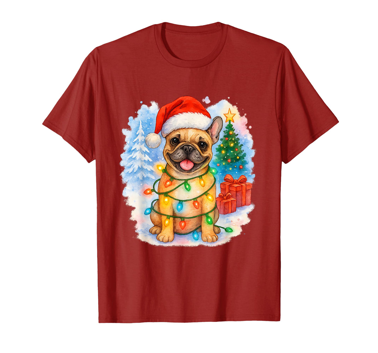 Festive French Bulldog Santa Hat Christmas Tree Lights T-Shirt