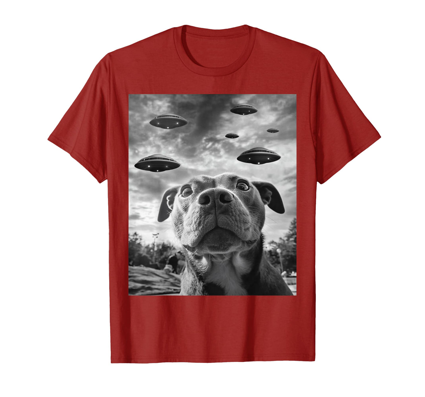 Funny Dog Pitbull Selfie with UFOs Alien Novelty T-Shirt