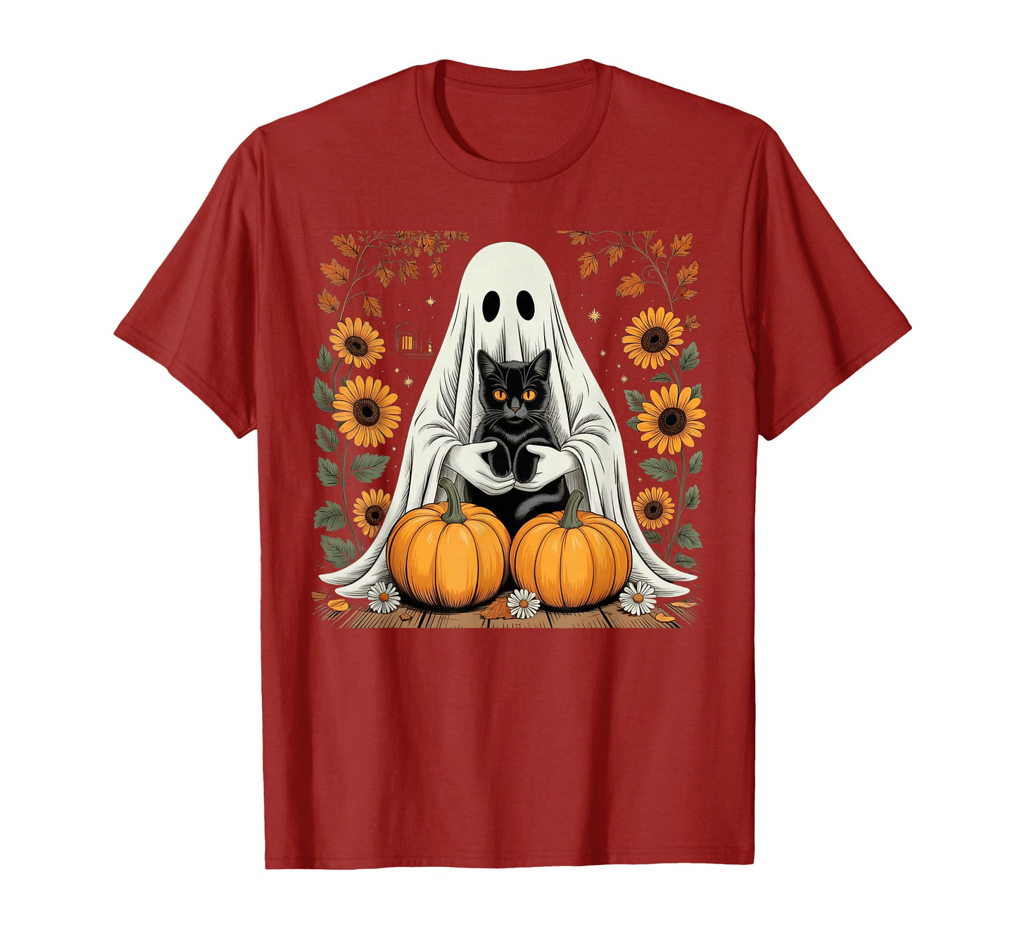 Womens Halloween Ghost Black Cat Ghost Halloween Girls T-Shirt