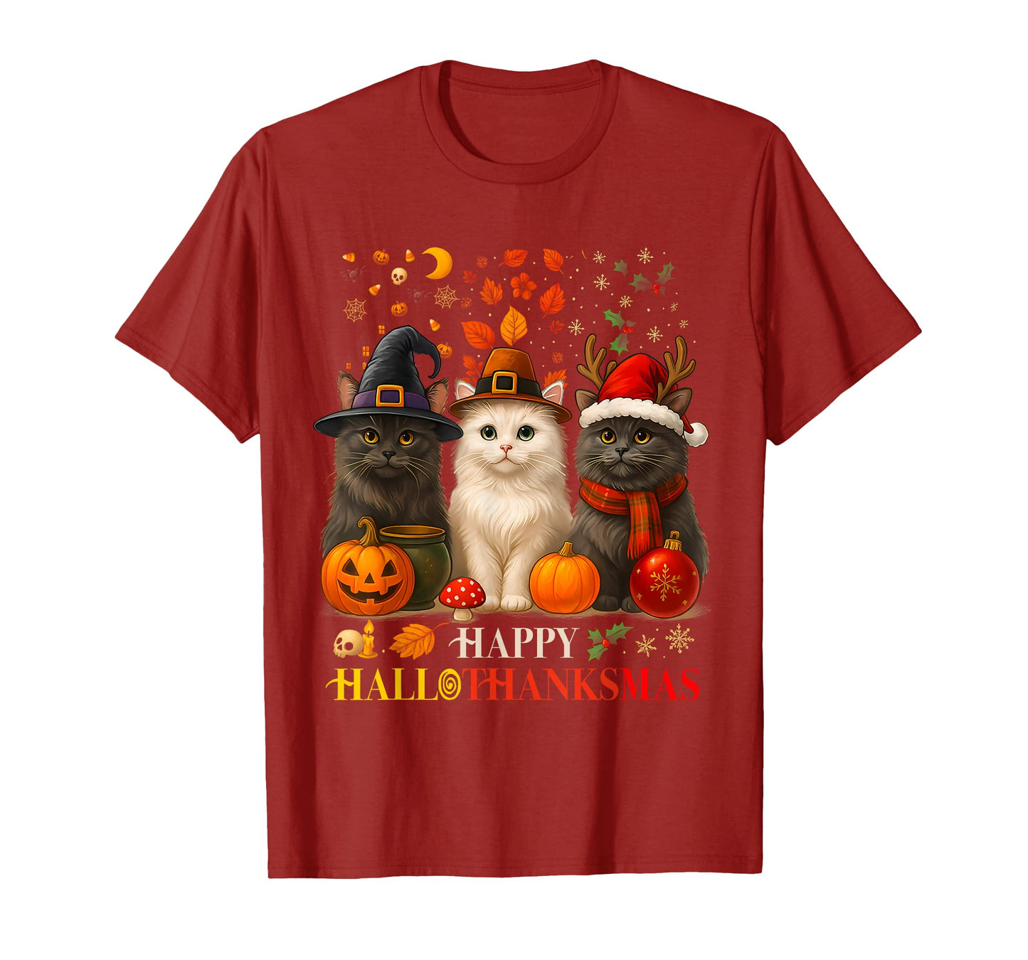 Happy HalloThanksMas Cats Halloween Thanksgiving Christmas T-Shirt