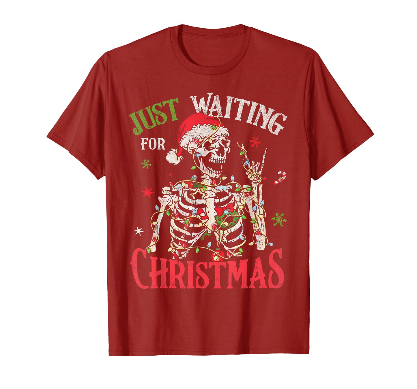 Just Waiting for Christmas Holiday Santa Claus Skeleton T-Shirt