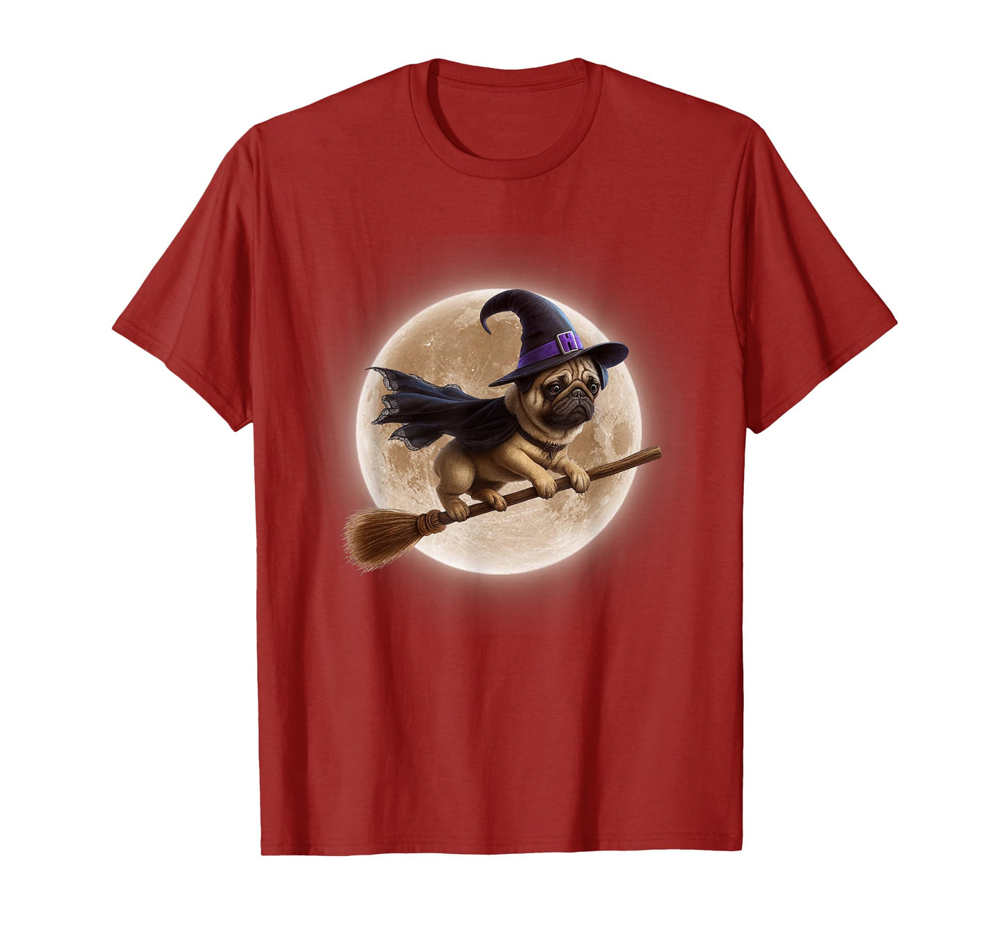Funny Dog Pug Witch Broom Ride Full Moon Halloween T-Shirt