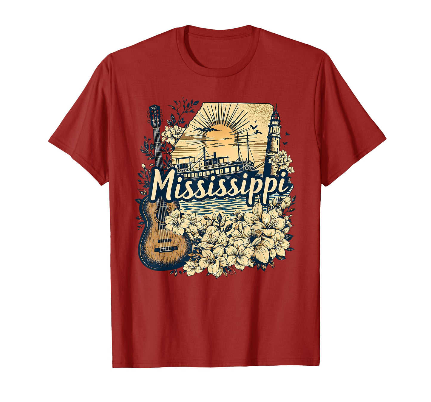 Retro Mississippi Home State MS Guitar and Flowers T-Shirt