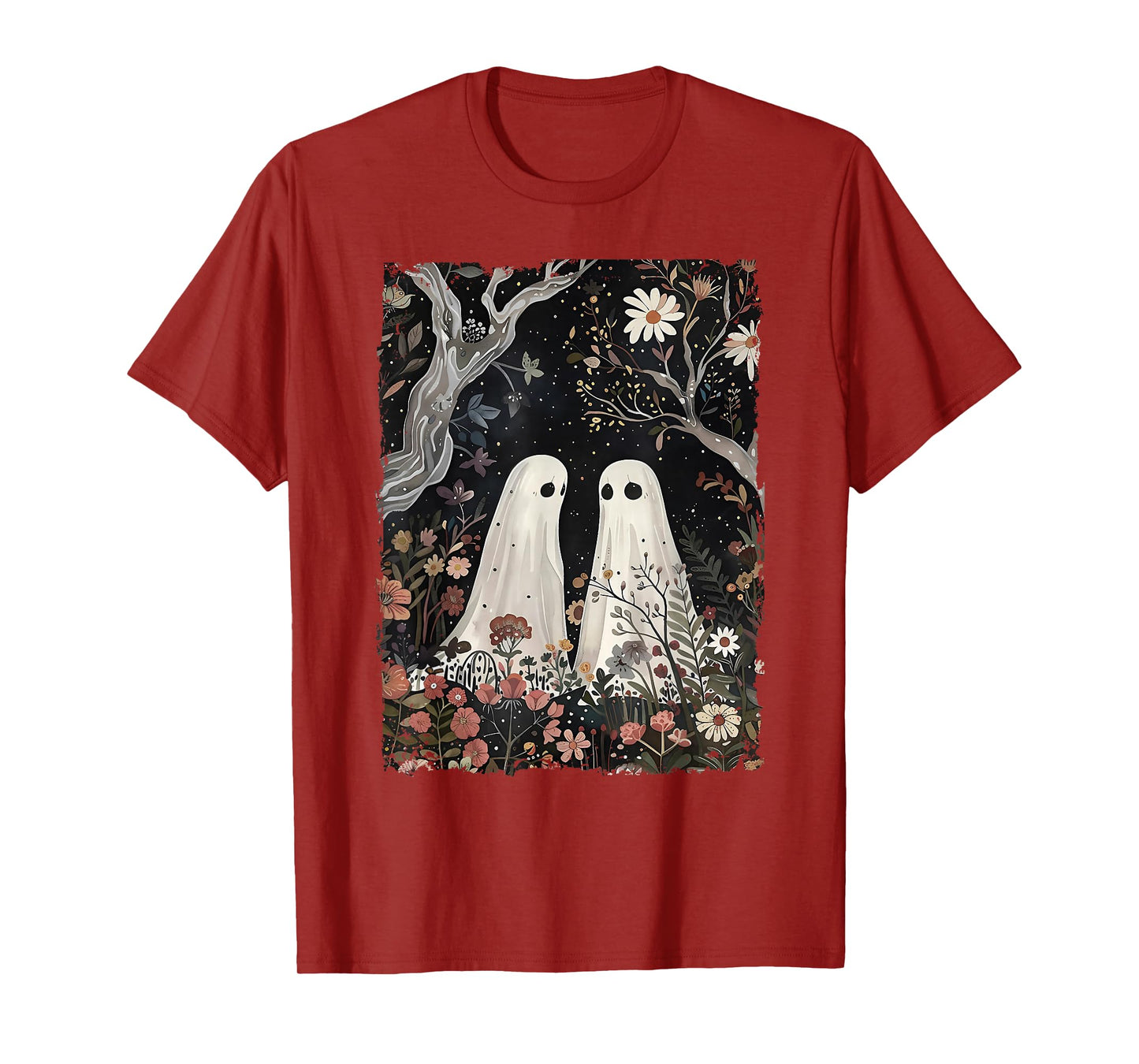 Ghost In The Flower Forest Halloween Spooky Season Vintage T-Shirt