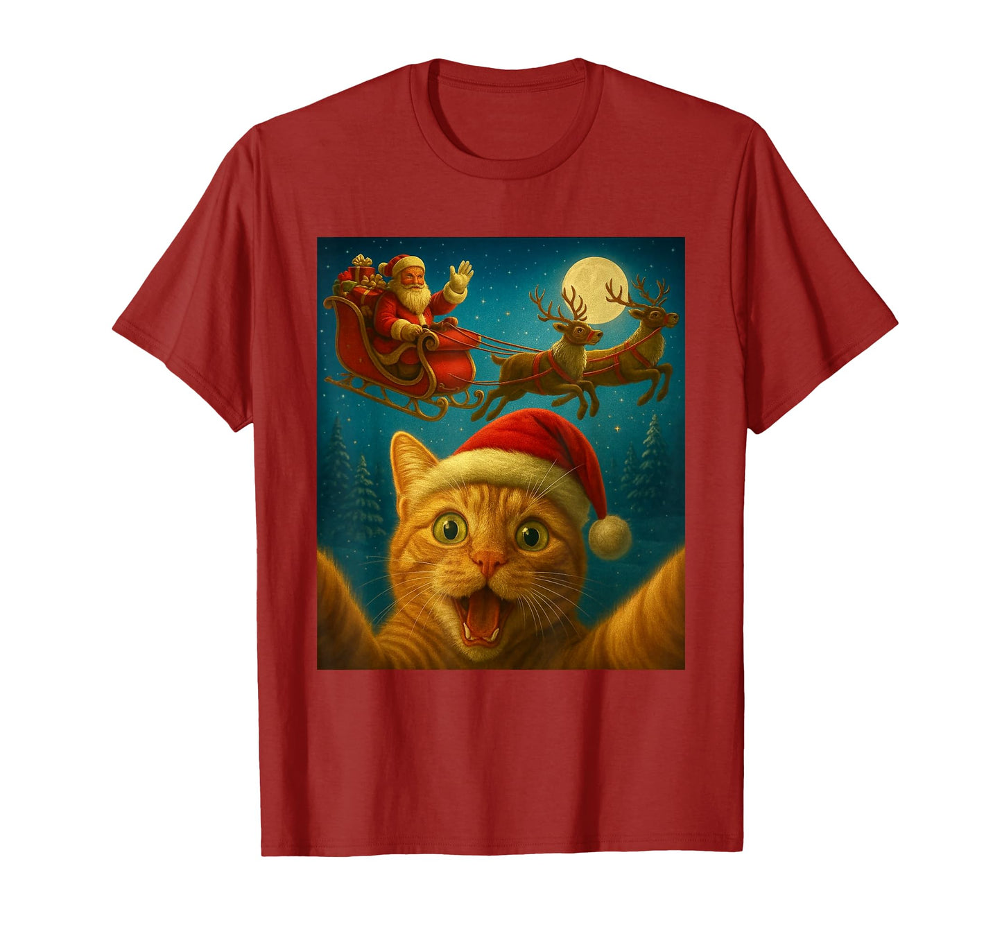 Christmas Cat Selfie with Santa Claus Funny Cat Graphic Xmas T-Shirt