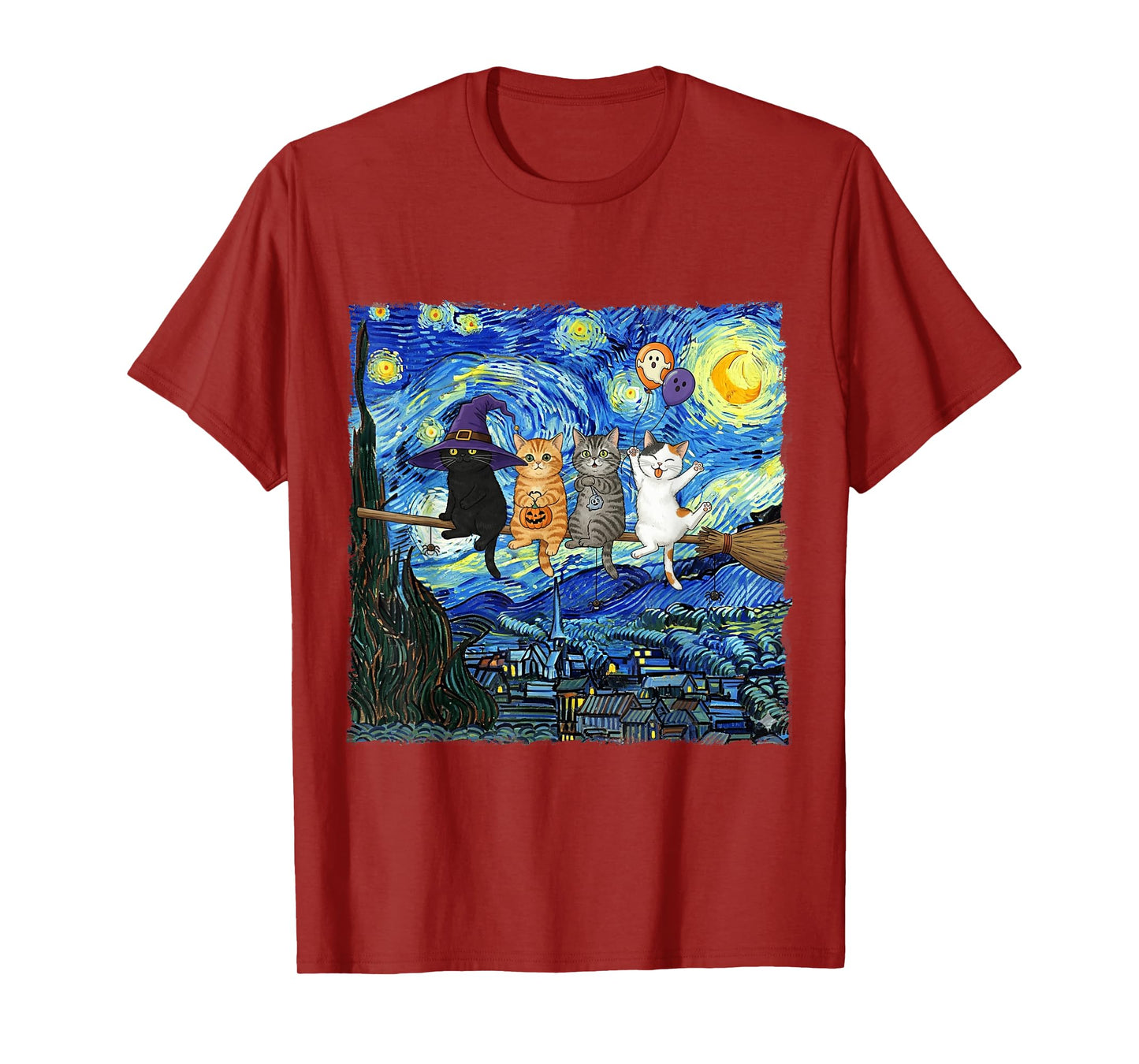 Halloween Cat Starry Night Witch Funny Cats Hanging on Broom T-Shirt