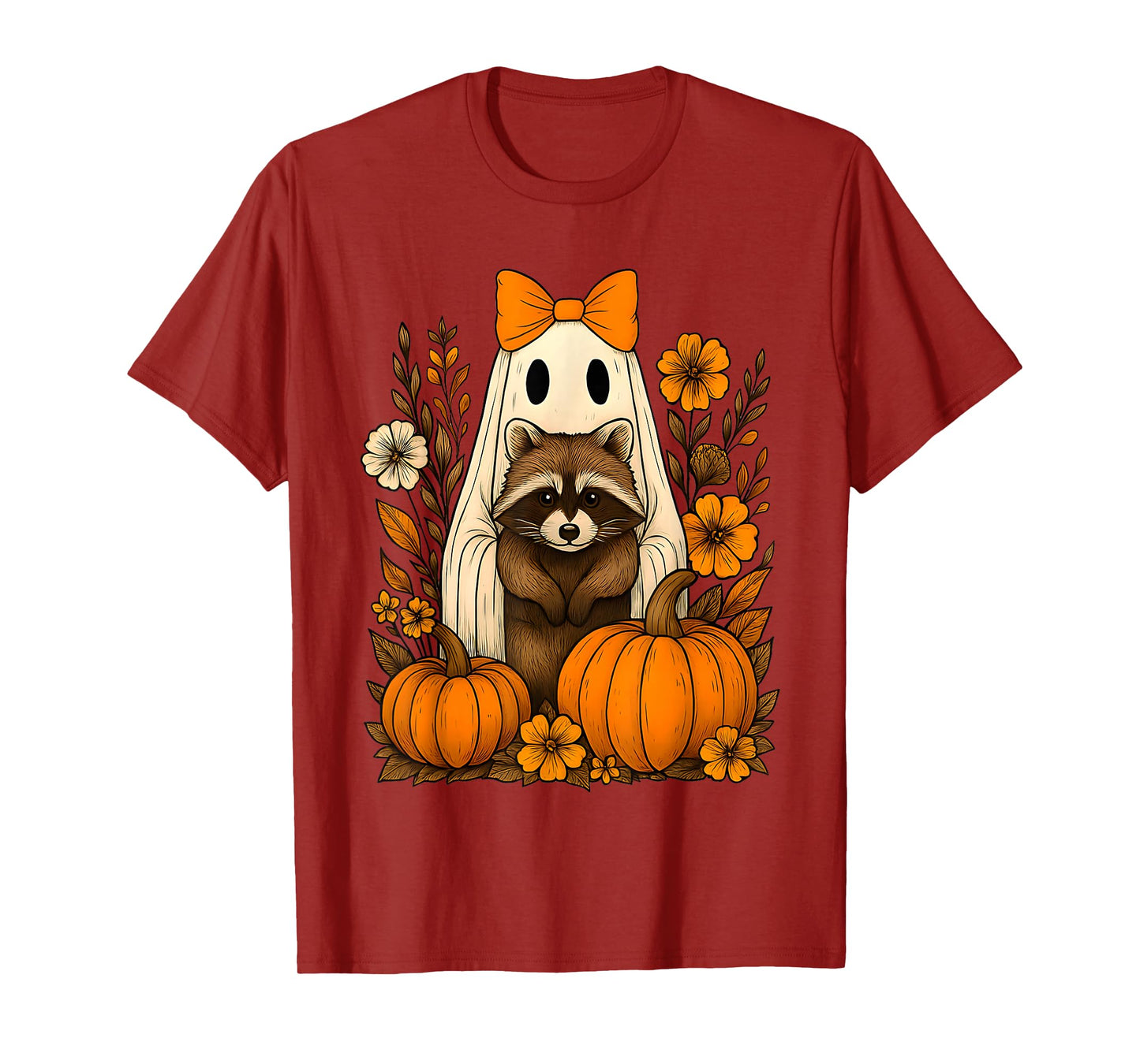 Vintage Halloween Ghost Holding Raccoon Groovy Floral Tee T-Shirt