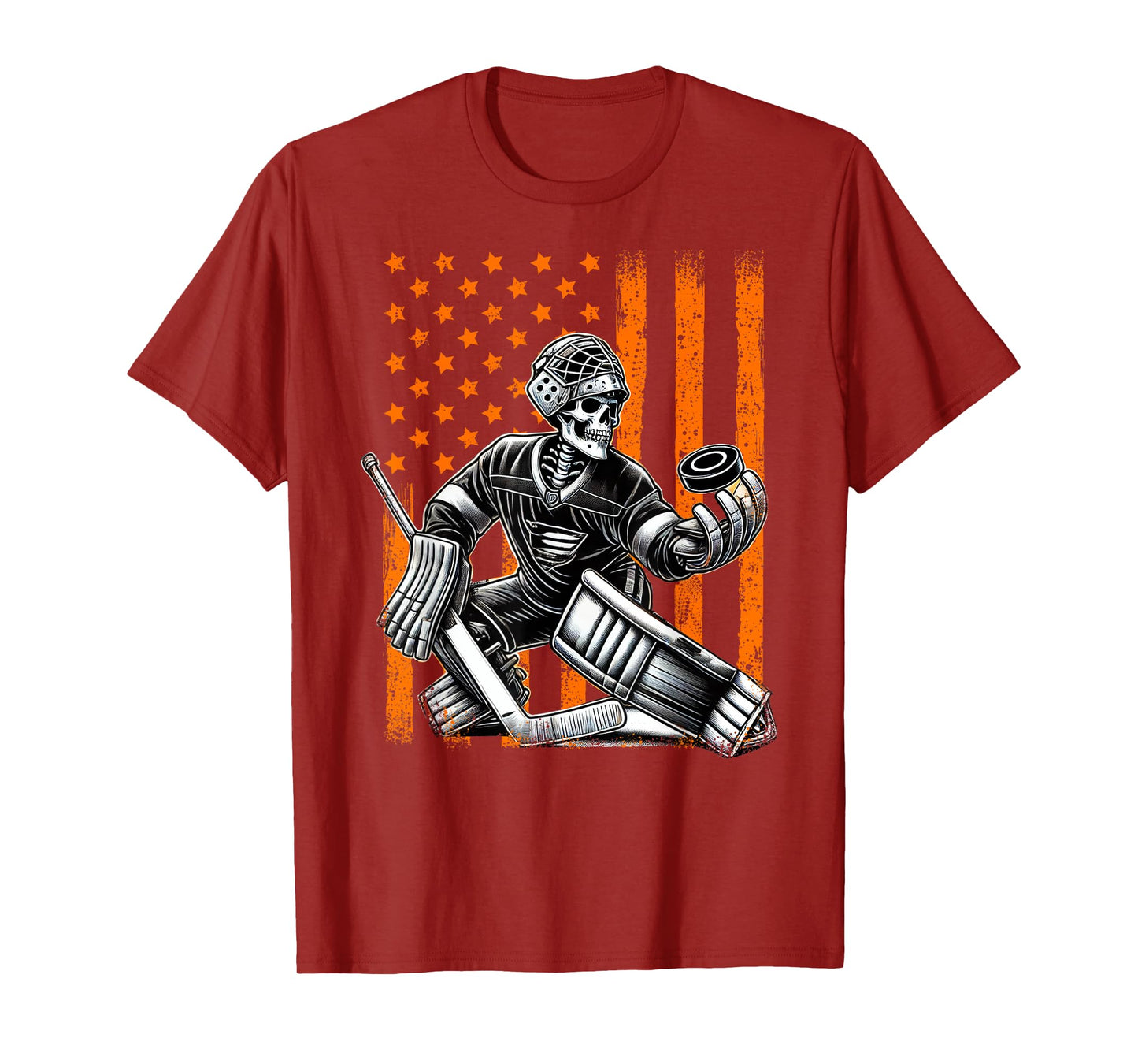 Spooky American Skeleton Ice Hockey Goalie Halloween USA T-Shirt