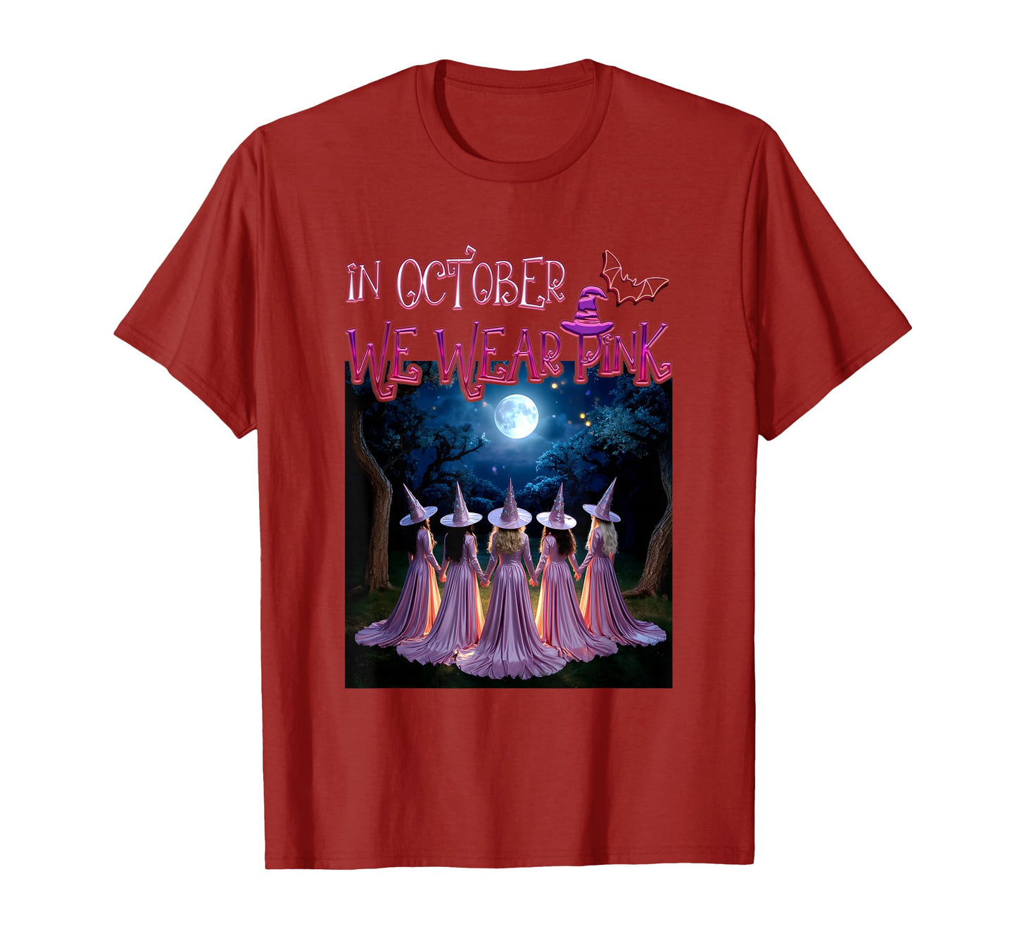 in October We Wear Pink Witches Breast Cancer Awareness Moon T-Shirt