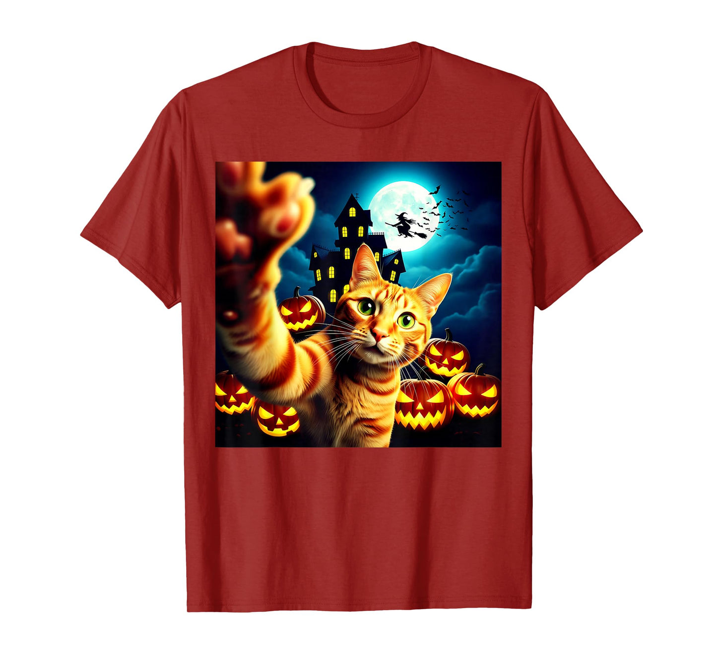 Funny Halloween Cat Selfie Pumpkin Spooky Haunted House T-Shirt
