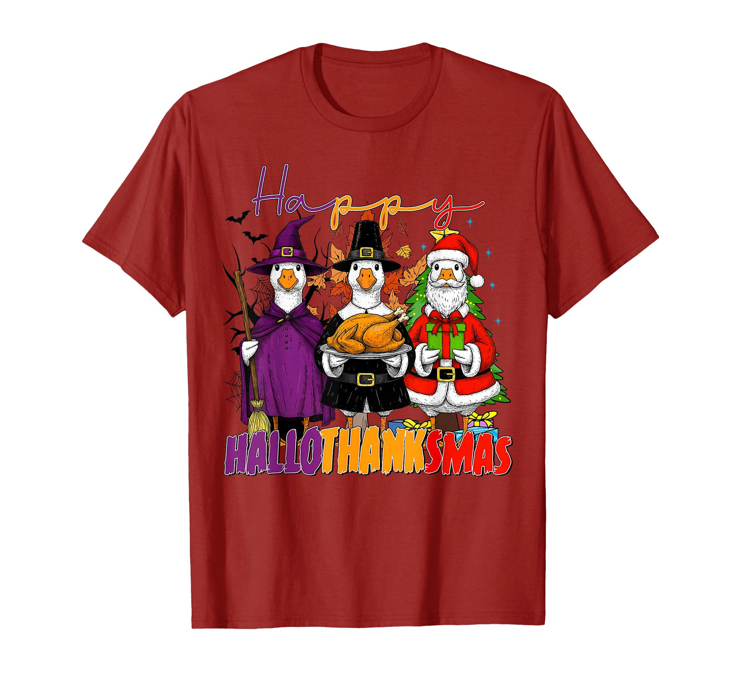 Happy Hallothanksmas Halloween Thanksgiving Christmas Goose T-Shirt