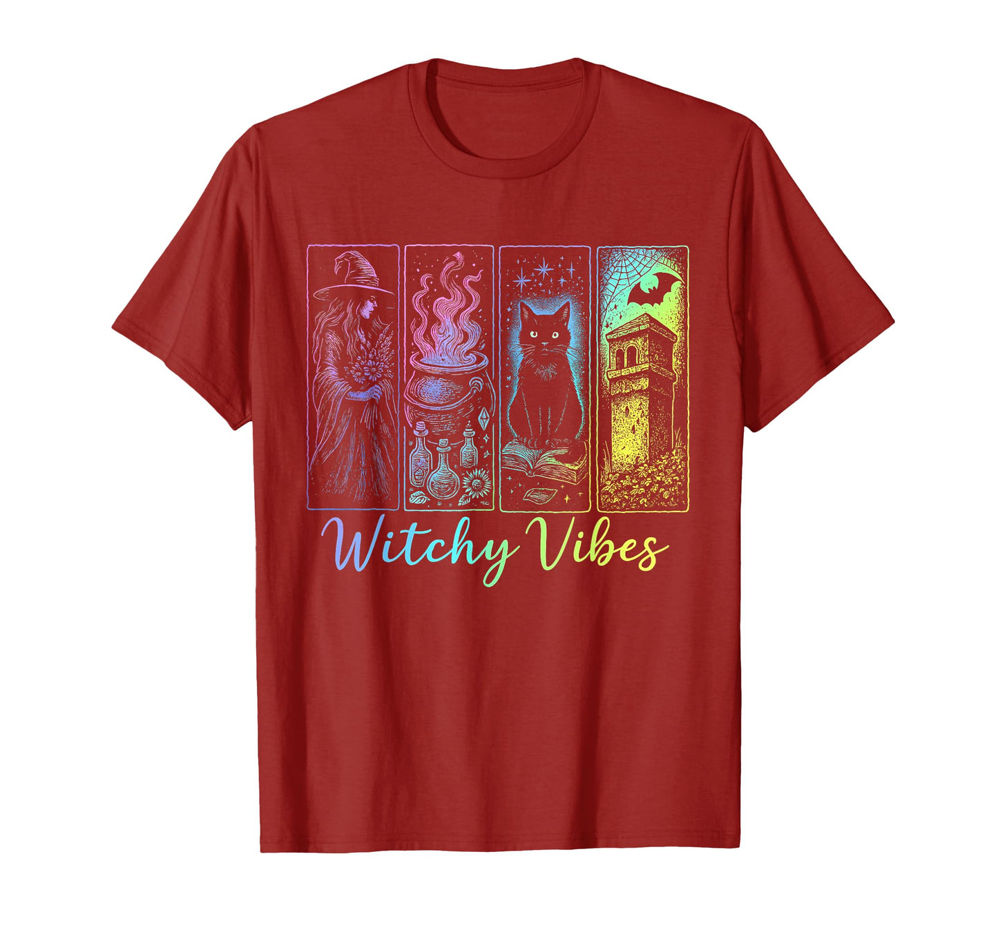 Witchy Vibes Aesthetic Cat Moon Stars Cauldron Occult Magic T-Shirt