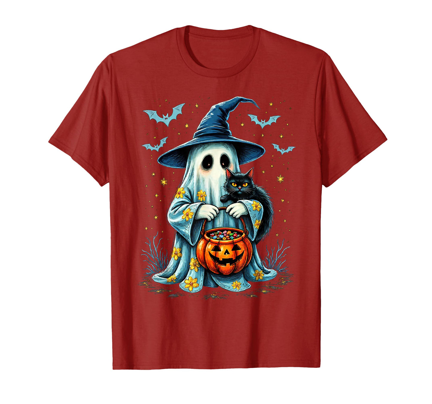 Ghost Holding Black Cat Lover Halloween 2025 Groovy Floral T-Shirt