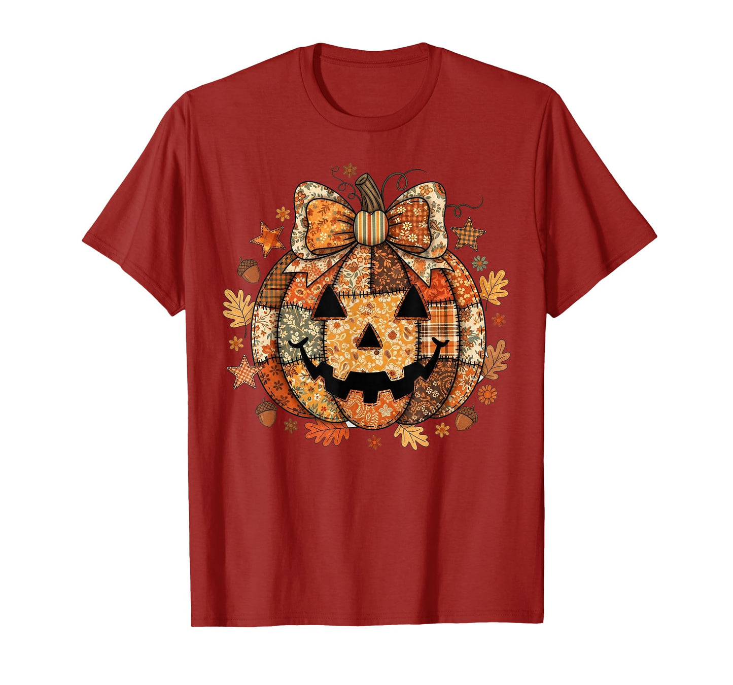Floral Fall Patchwork Boho Pumpkin Bow Retro Halloween T-Shirt
