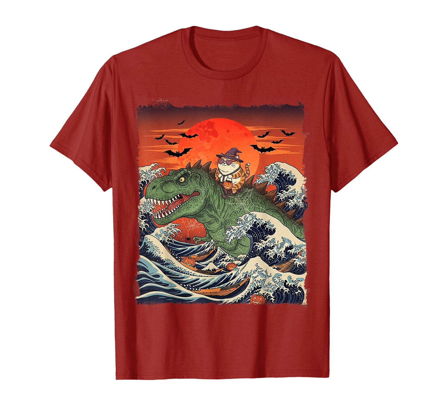 Funny Halloween Cat Witch Riding Dinosaur T-Rex Ukiyo-e Wave T-Shirt