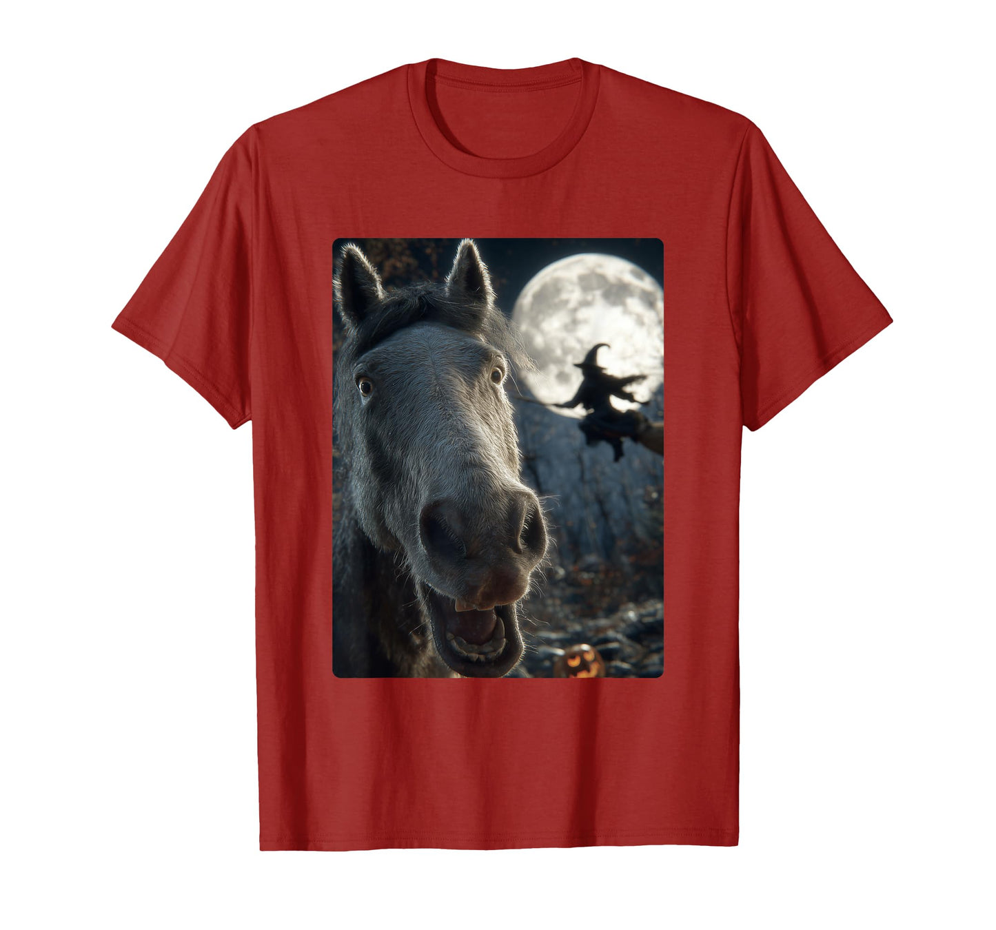 Funny Horse Selfie Full Moon Flying Witch Forest Halloween T-Shirt