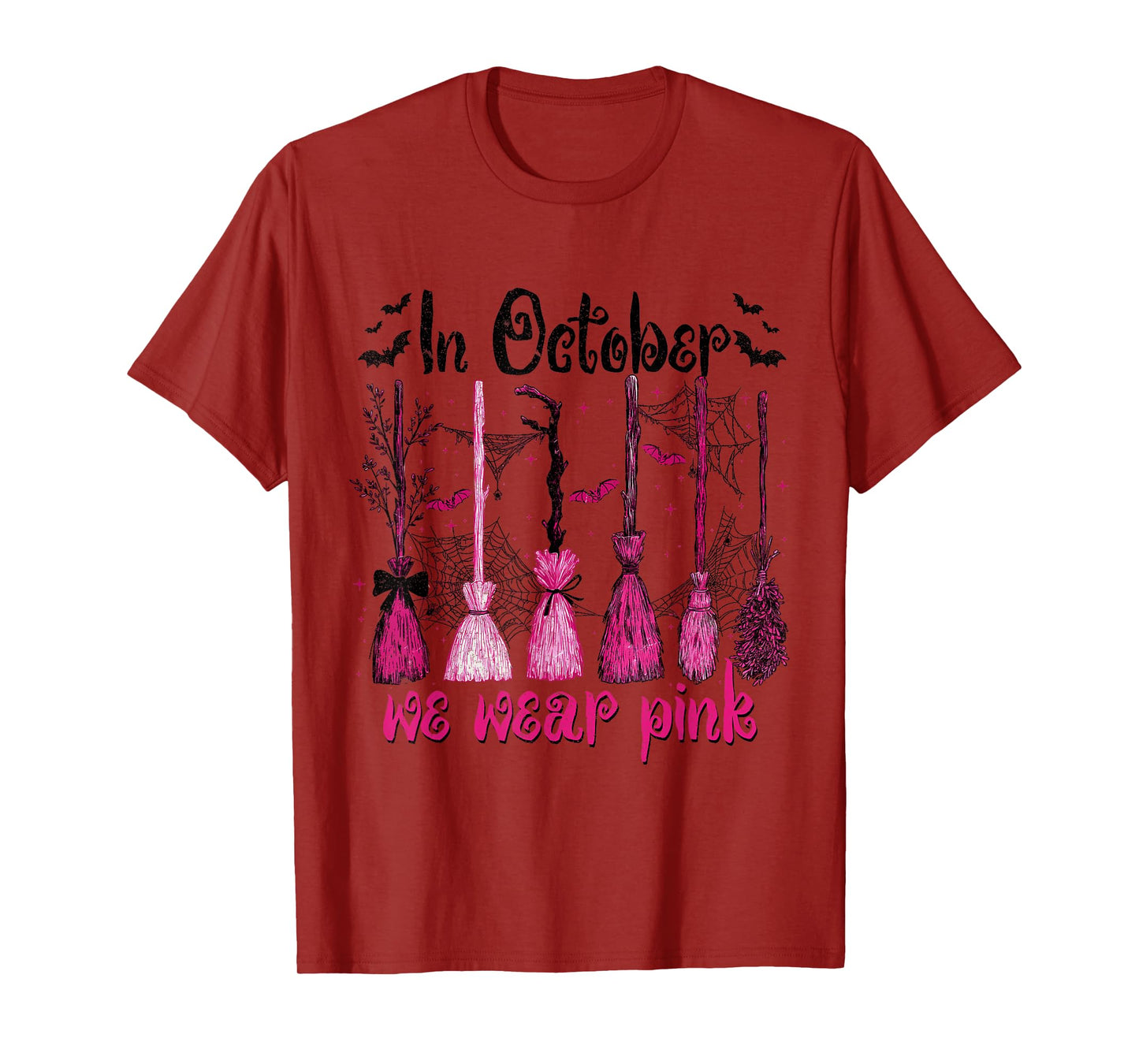 in October We Wear Pink Witches Brooms Spooky Breast Cancer T-Shirt