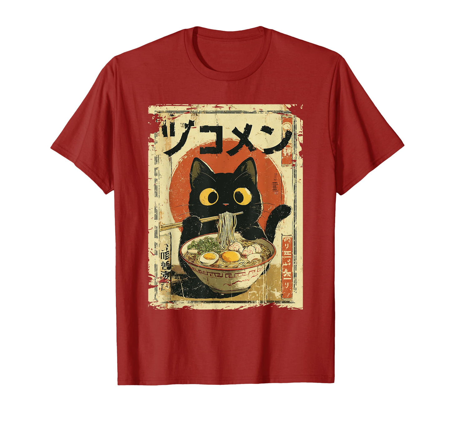 Kawaii Cat Eating Ramen Noodles Funny vintage Japanese Anime T-Shirt