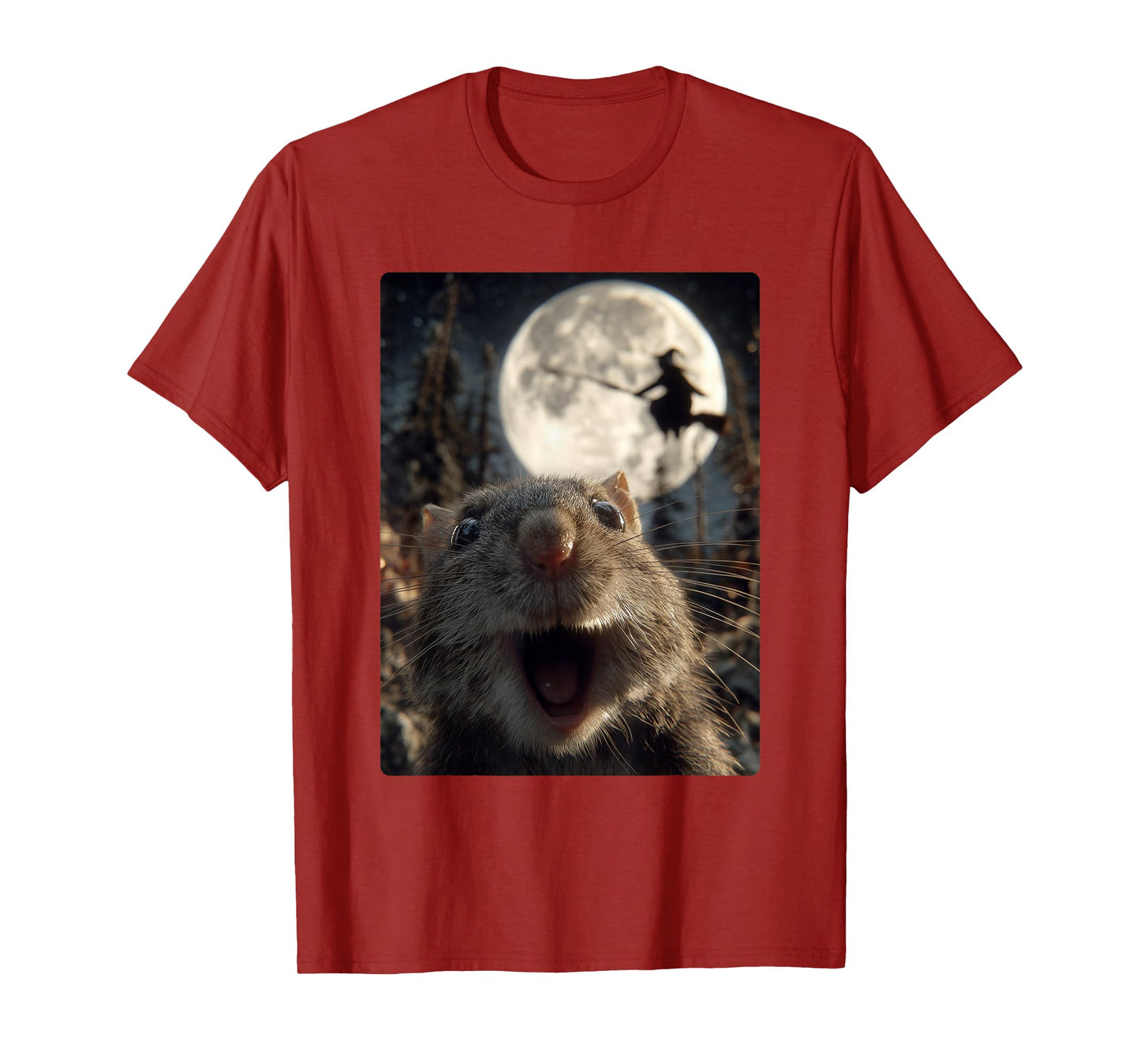 Funny Hamster Selfie Full Moon Flying Witch Forest Halloween T-Shirt