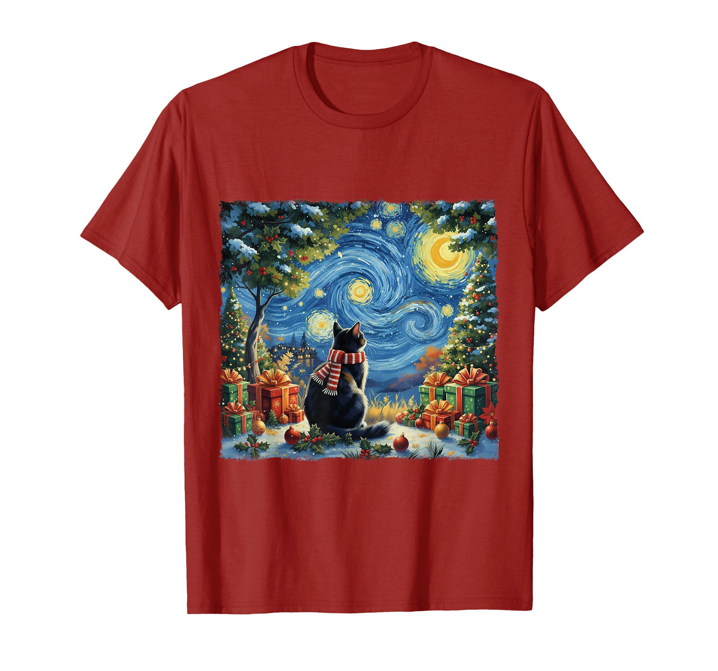 Christmas Cat Starry Night Van Gogh Xmas Holiday Santa Gifts T-Shirt