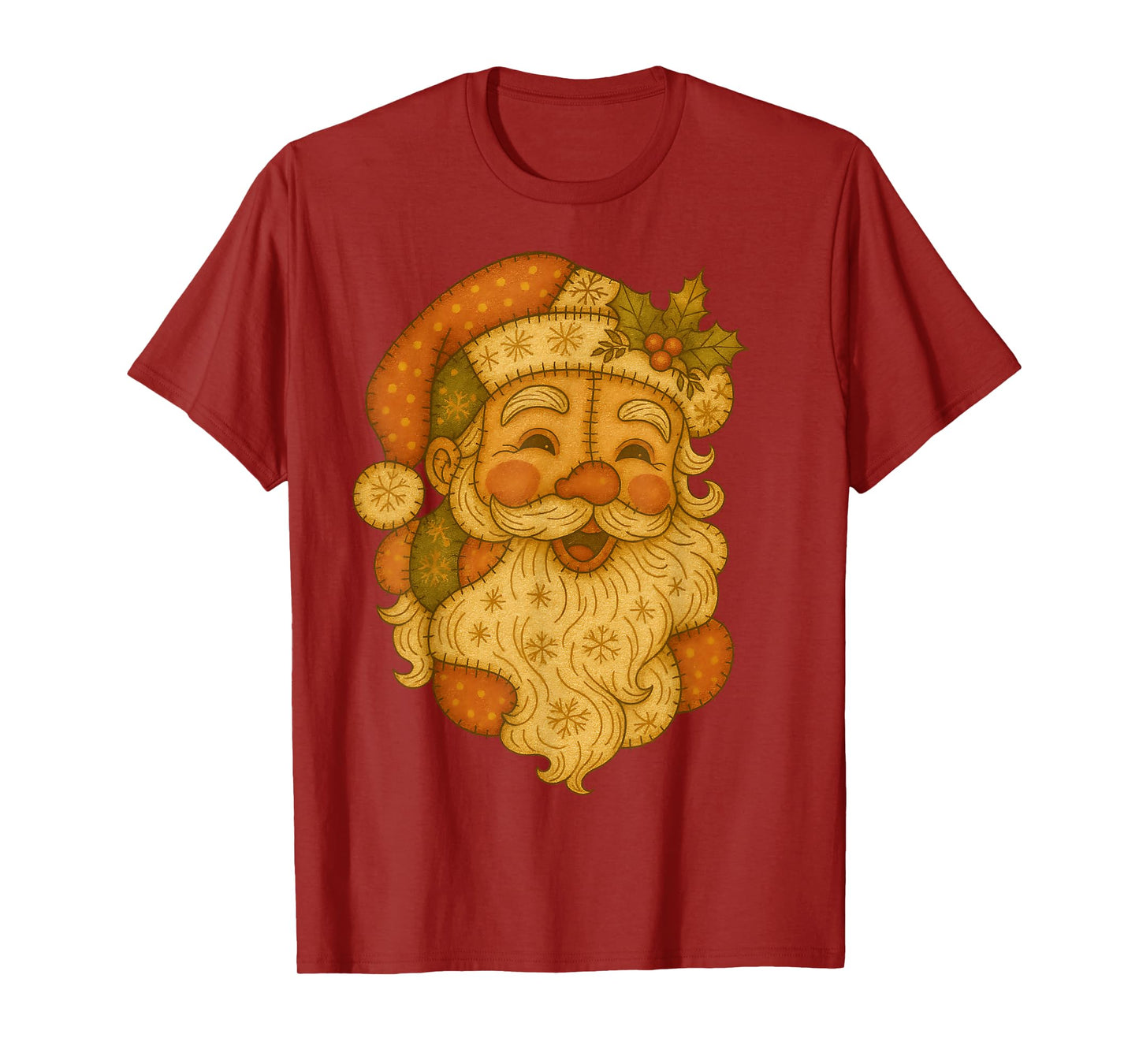 Patchwork Santa Claus Face Vintage Christmas Folk Art T-Shirt