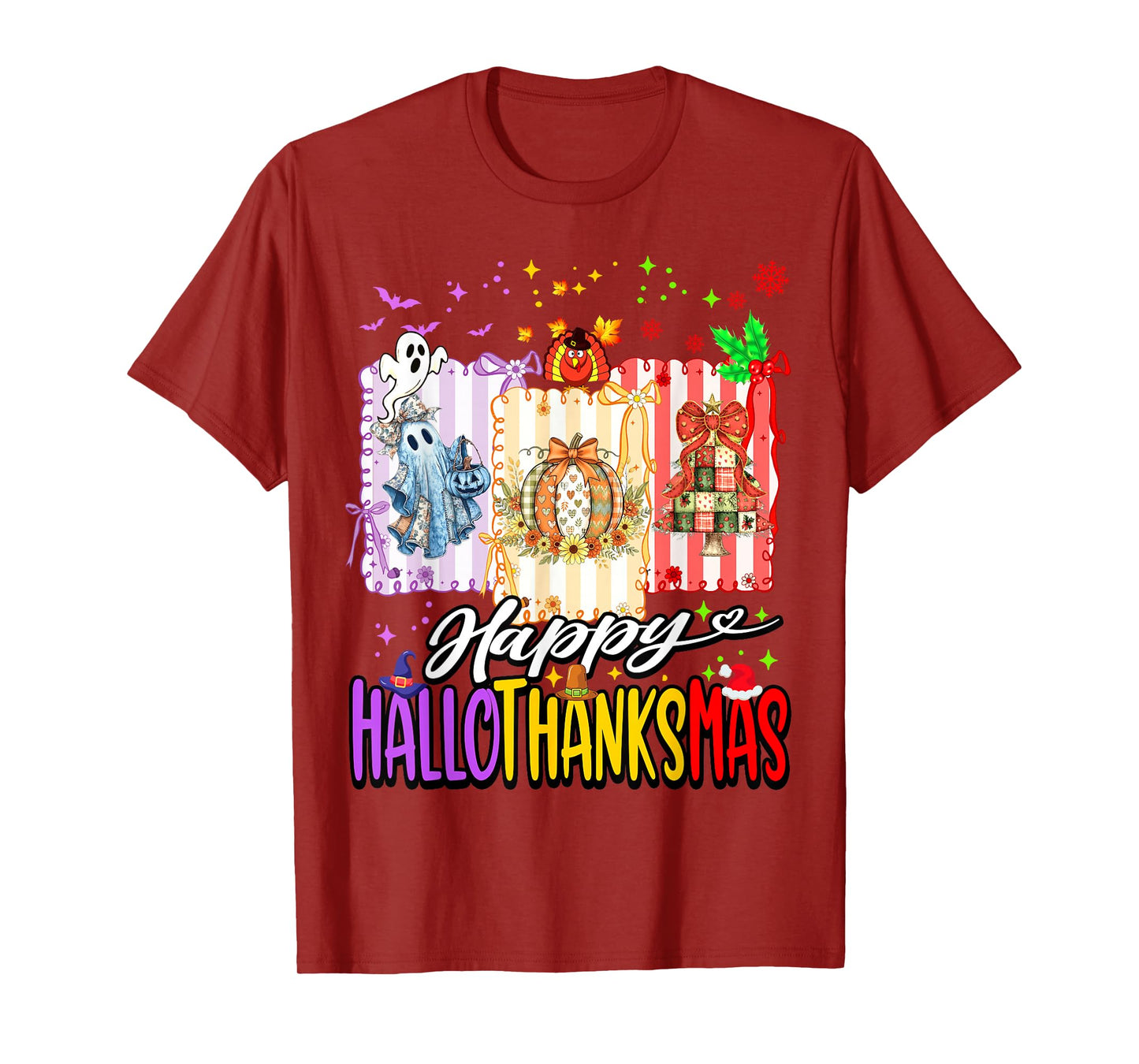 Happy Hallothanksmas Halloween Ghost Pumpkin Xmas Pine Tree T-Shirt