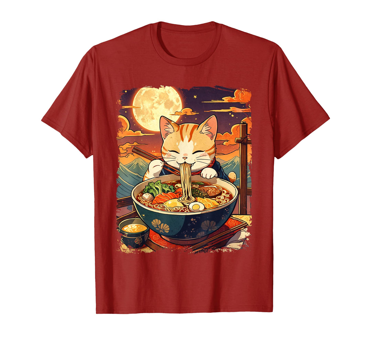 Cat Eating Ramen Japanese Noodles Vintage Ukiyo-e Art T-Shirt