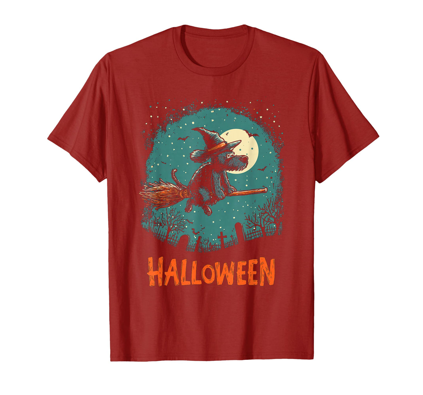 Scruffy Witch Dog & Moon Halloween Scene T-Shirt