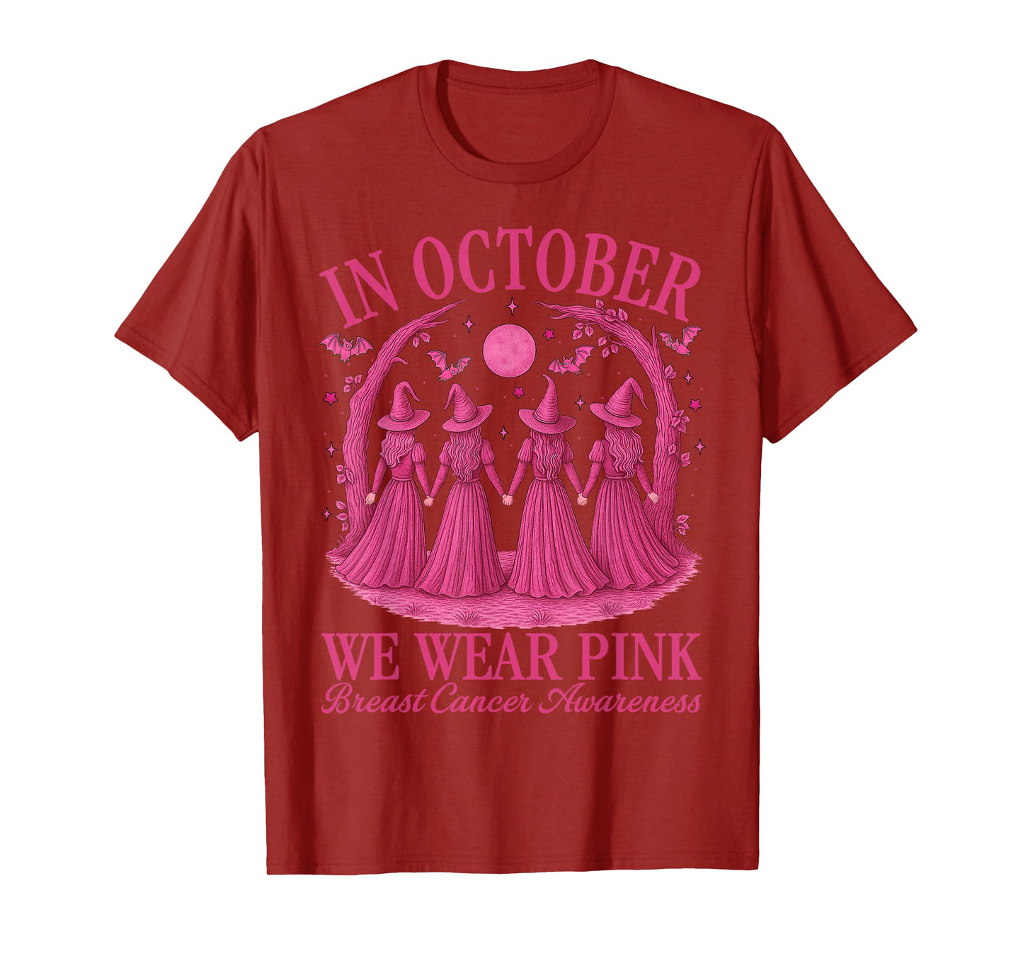 in October We Wear Pink Halloween Pink Witch Breast Cancer T-Shirt