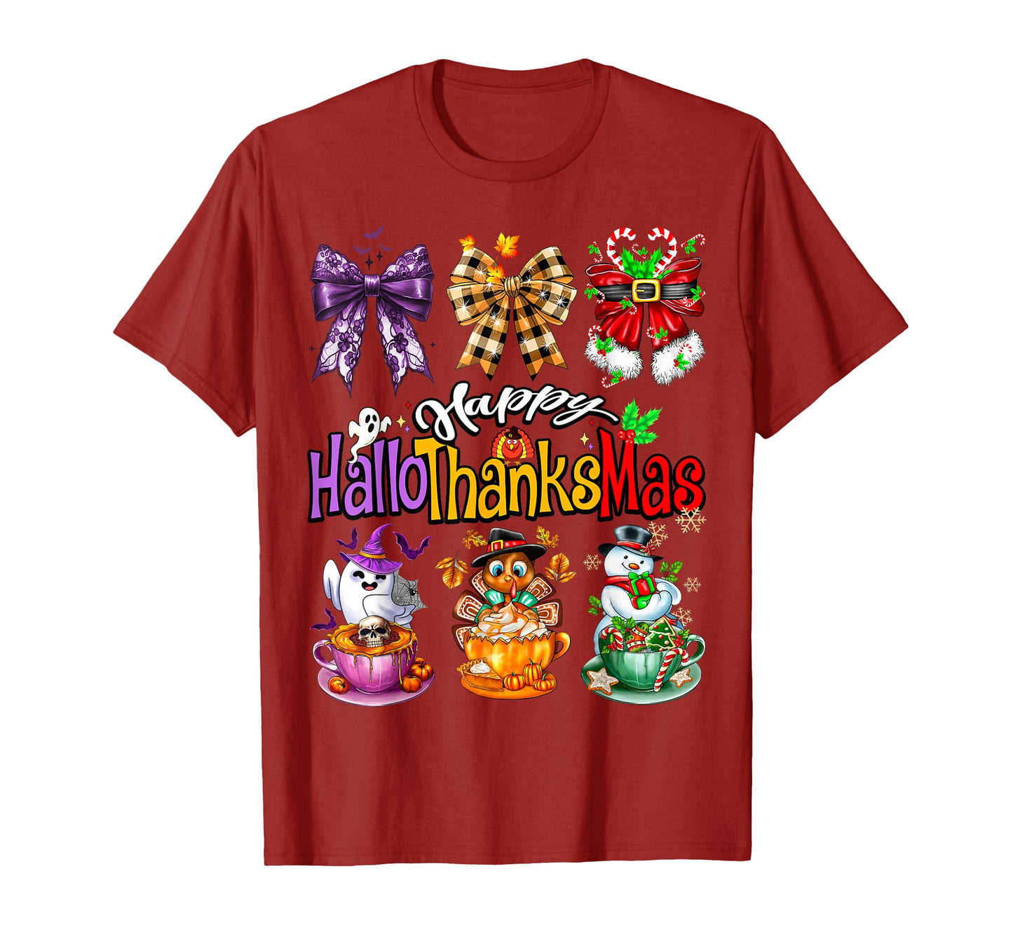 Happy Hallothanksmas Coquette Bow Coffee Latte Candy Cane T-Shirt