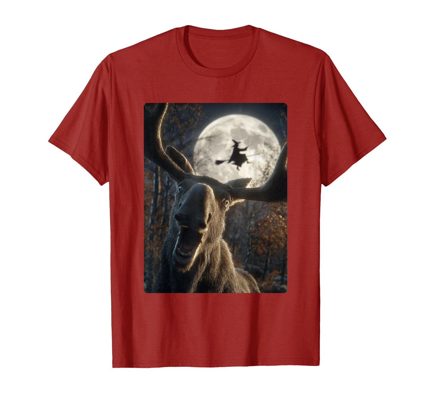 Funny Moose Selfie Full Moon Flying Witch Forest Halloween T-Shirt