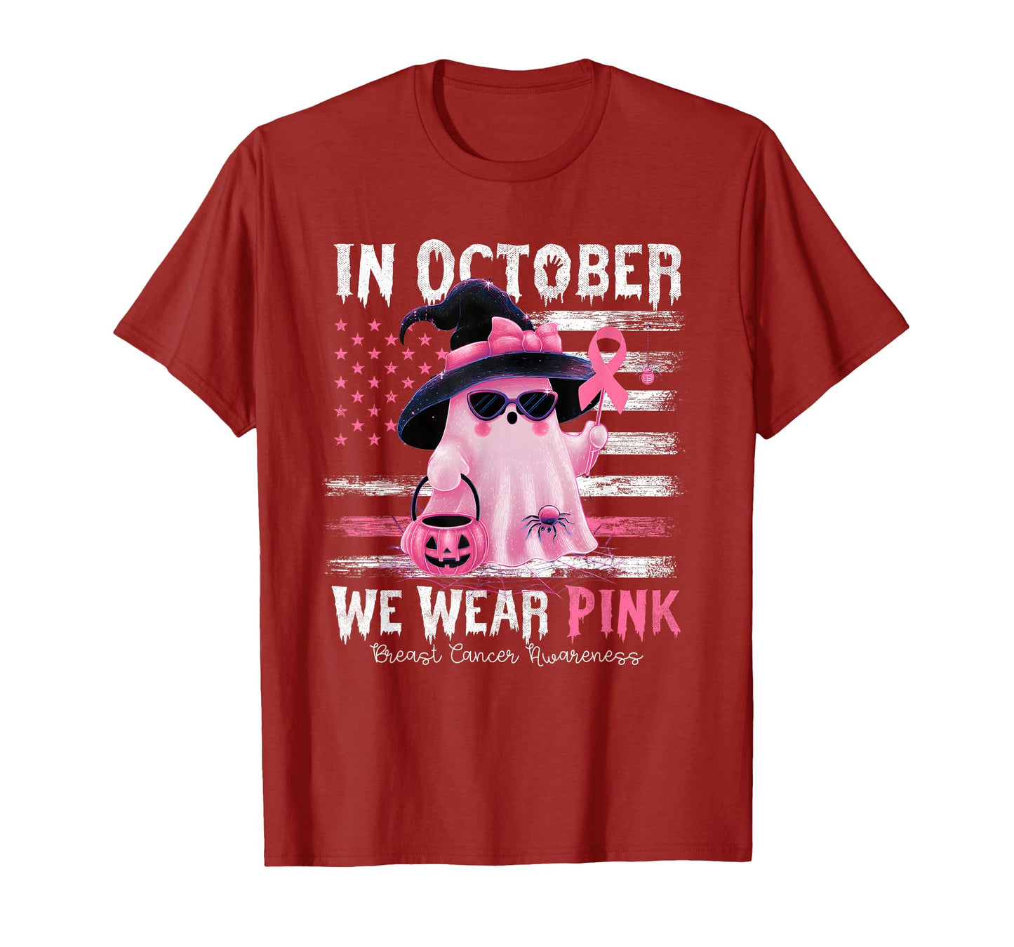 in October We Wear Pink Ghost Witch Breast Cancer Awareness T-Shirt
