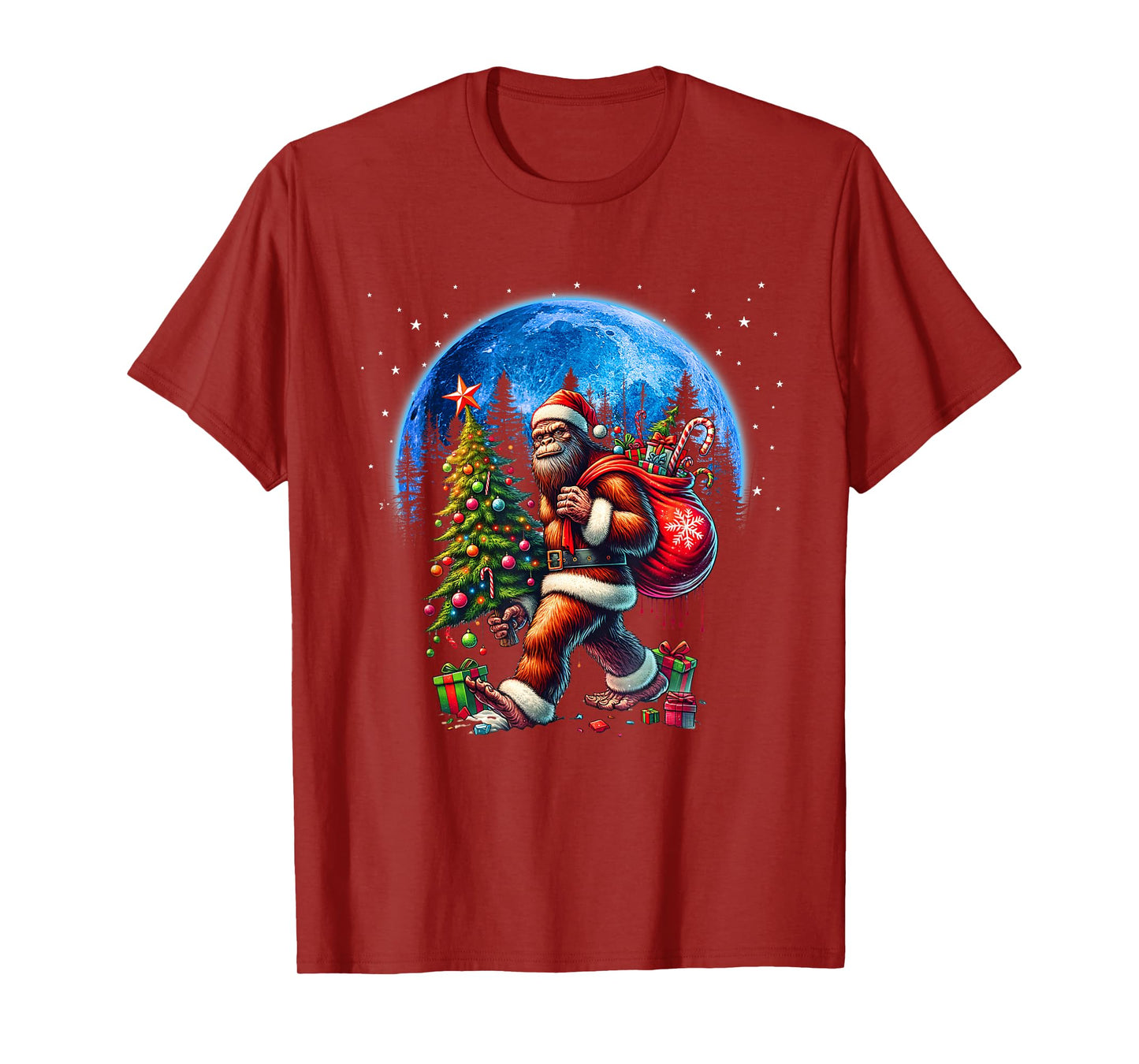 Funny Bigfoot Christmas Tree Xmas Santa Hat Lights Men Boys T-Shirt