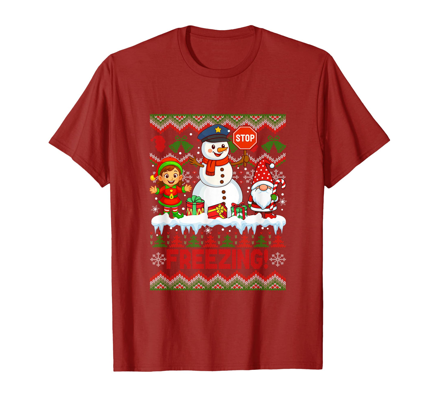 Freezing Christmas Sweater Gnome Elf Snowman Warning Sign T-Shirt