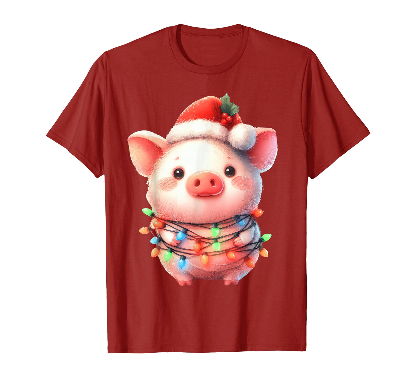 Pig Christmas Lights Funny Santa Hat Merry Xmas T-Shirt