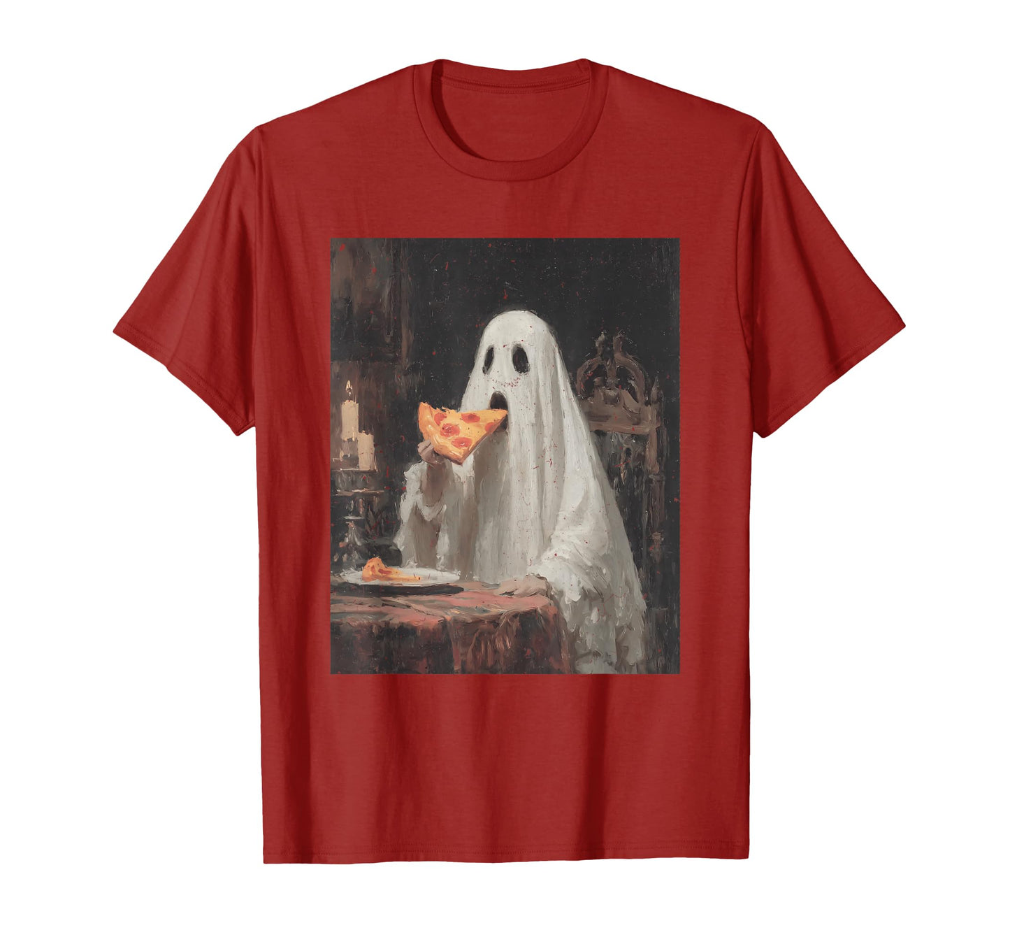 Funny Ghost Eating Pizza Retro Halloween Spooky Season T-Shirt
