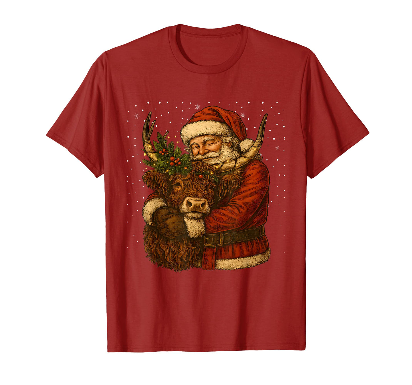 Santa Claus Hugging Highland Cow Christmas Farm T-Shirt
