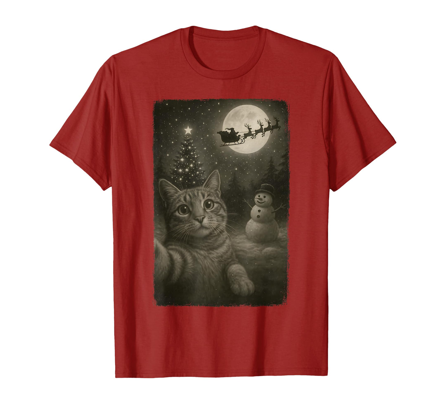 Funny Cat Selfie Santa Snowman Vintage Christmas Party T-Shirt