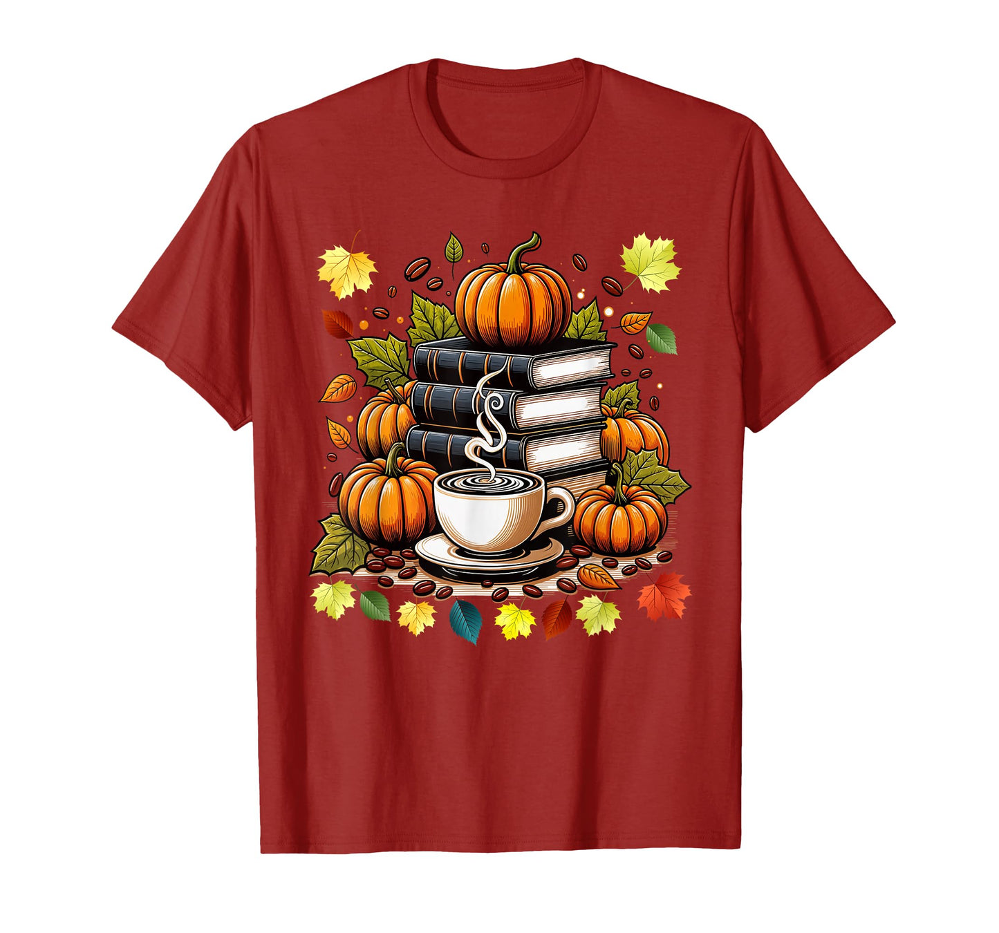 Books Coffee Fall Leaves and Pumpkins Vintage Library T-Shirt