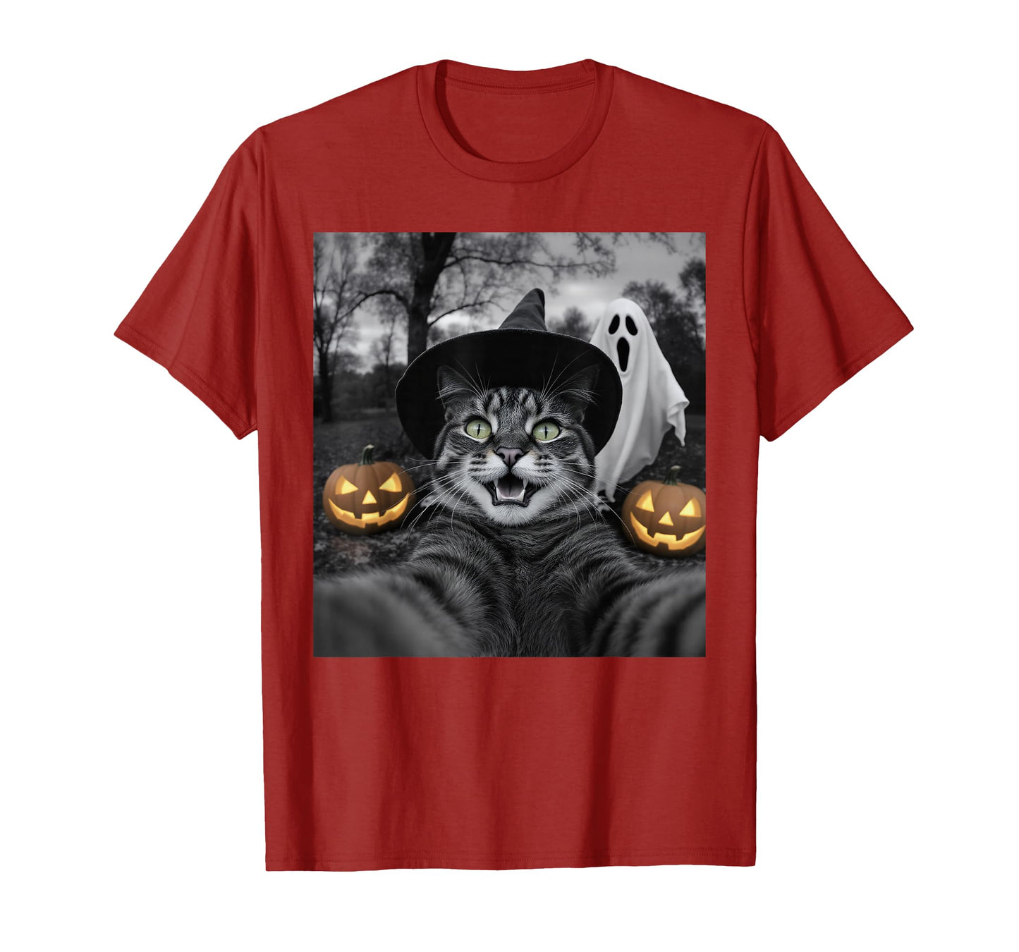Funny Cat Selfie with a Witch & Ghost Scary Halloween T-Shirt