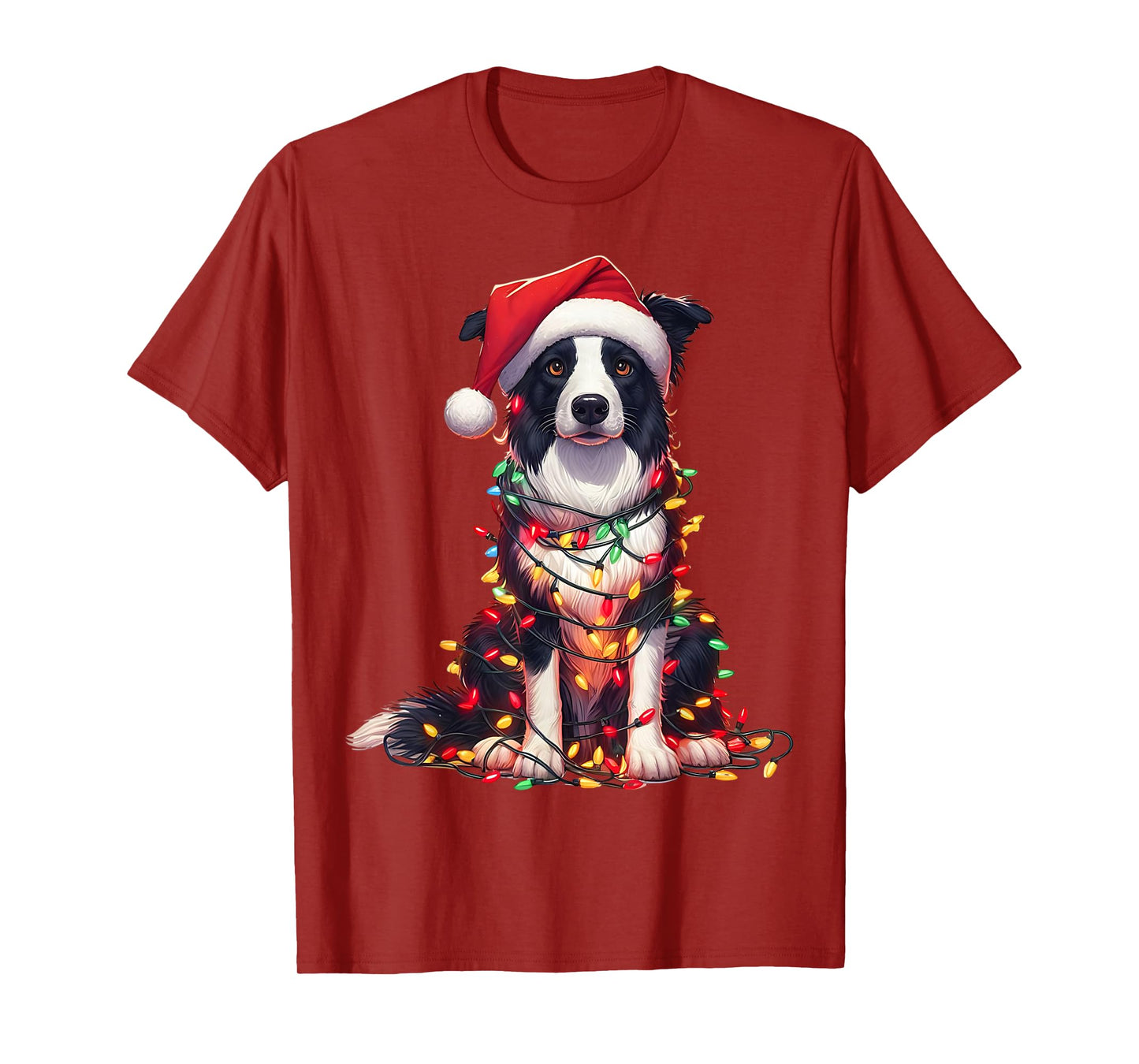 Border Collie Dog Christmas Lights Santa Hat Dog Lover T-Shirt