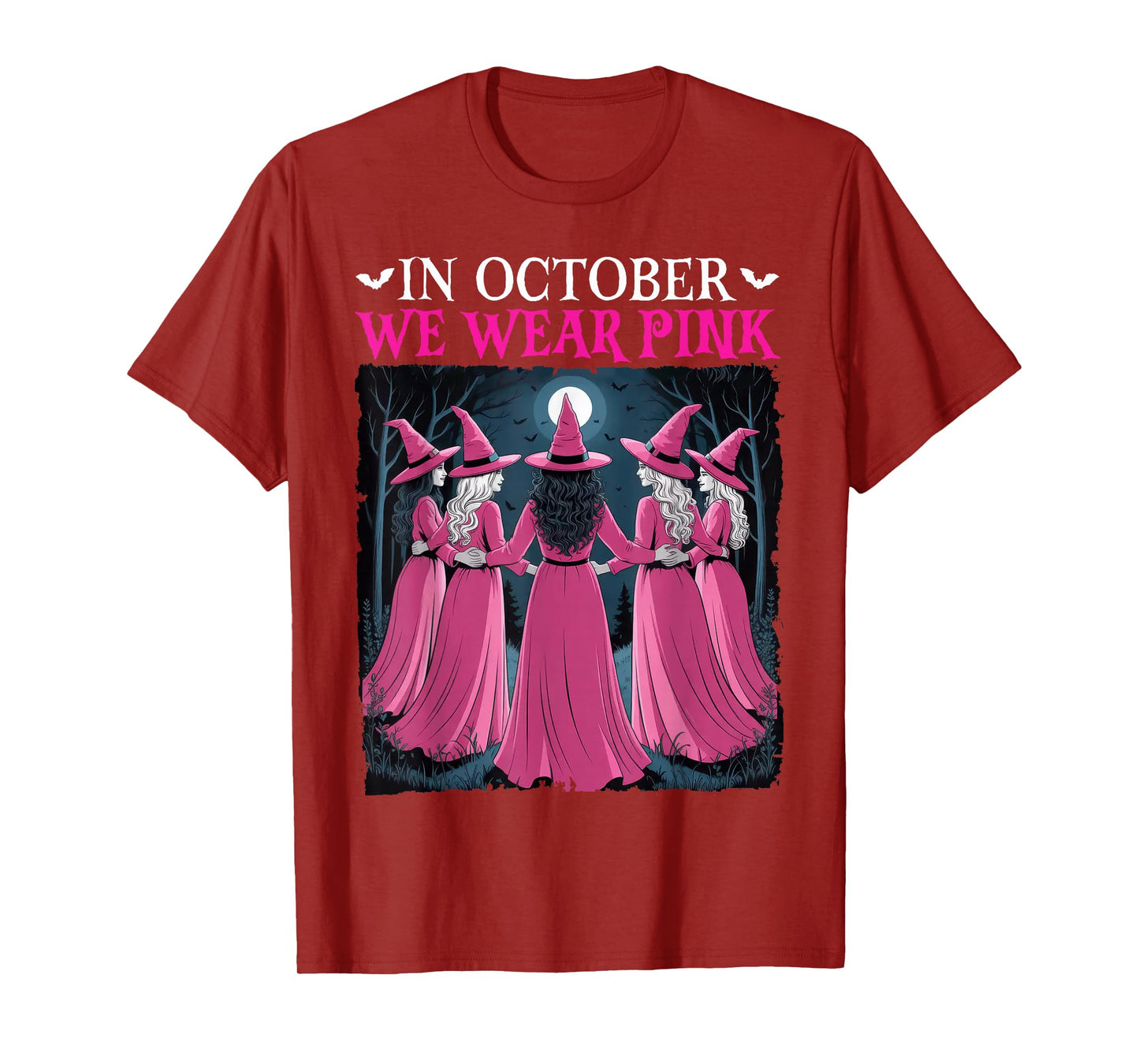 in October We Wear Pink Witch Halloween Breast Cancer Women T-Shirt